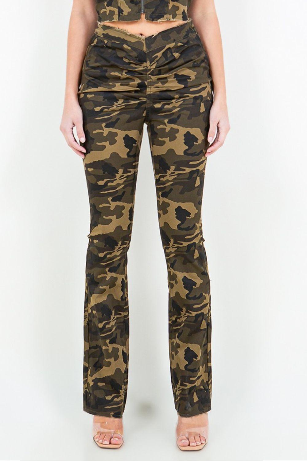 American Bazi V-Cut Ruched Camo Flare Pants - ClubOn