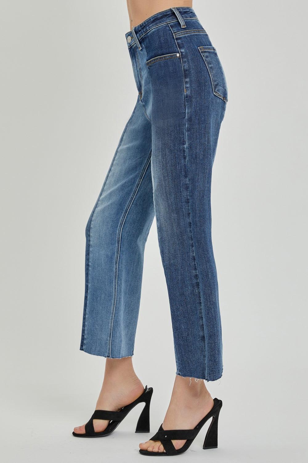 RISEN Full Size Mid-Rise Waist Two-Tones Jeans with Pockets - ClubOn