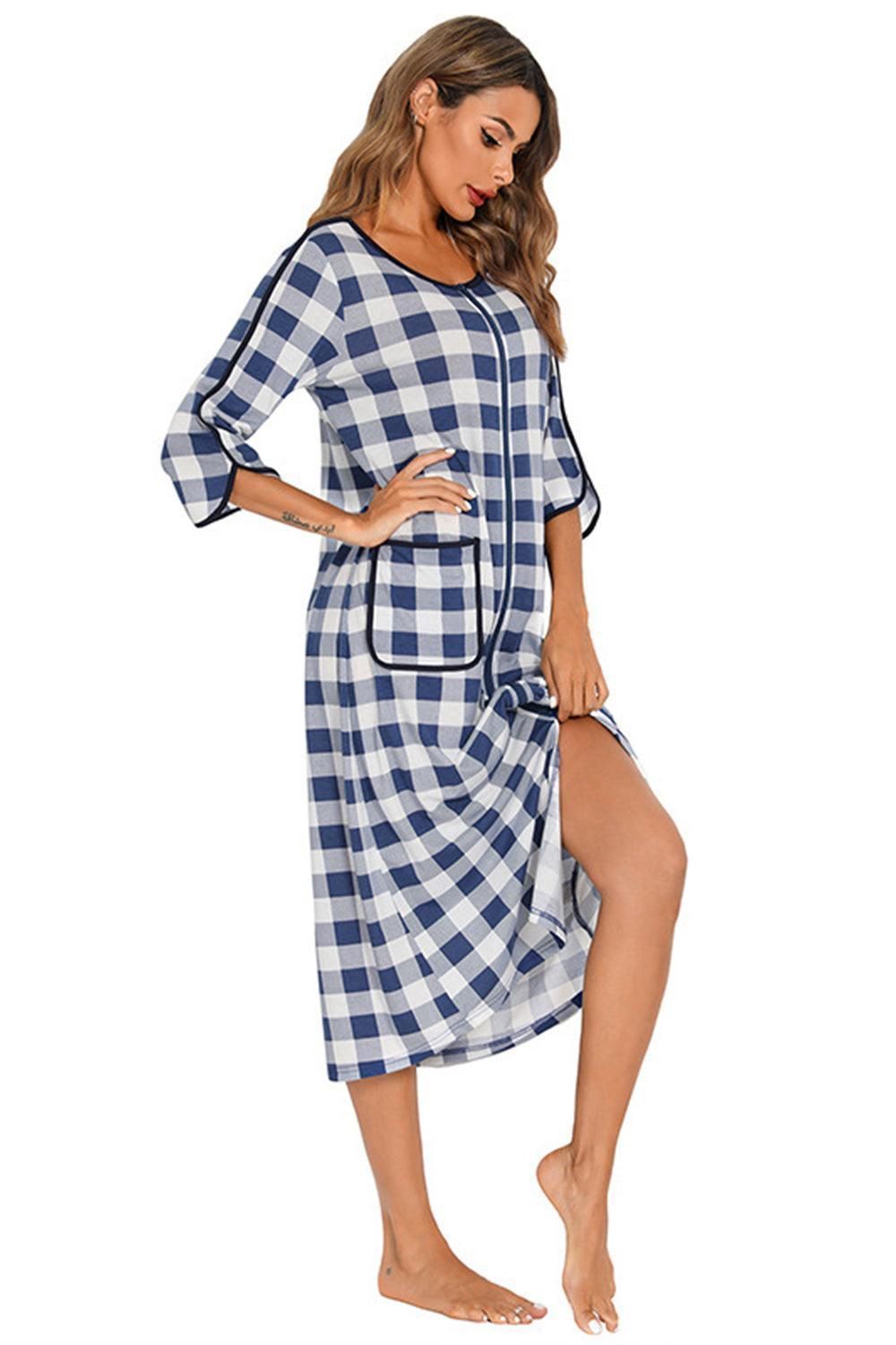 Round Neck Three-Quarter Sleeve Midi Night Dress - ClubOn