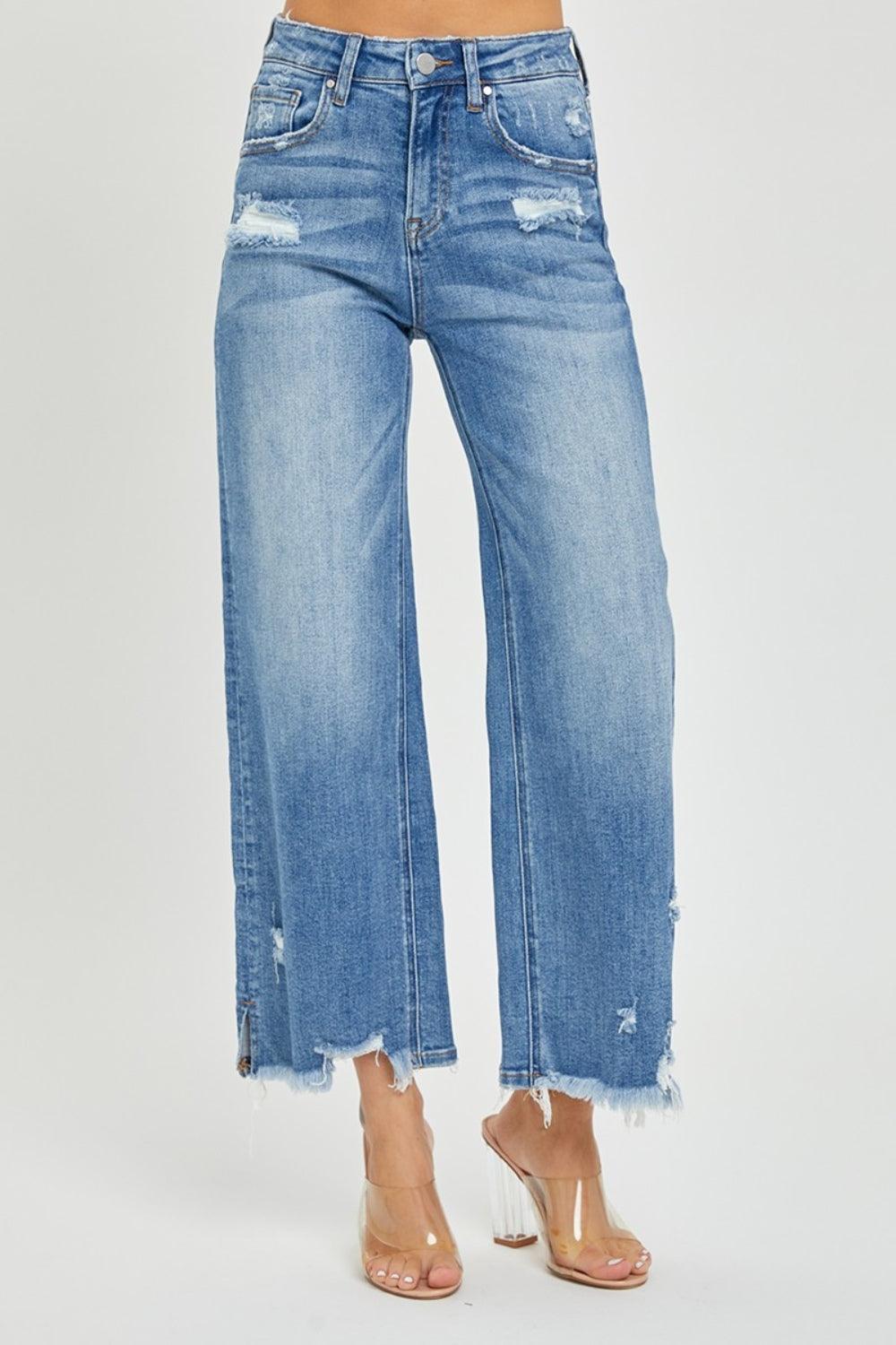 RISEN High Rise Side Slit Raw Hem Cropped Jeans - ClubOn