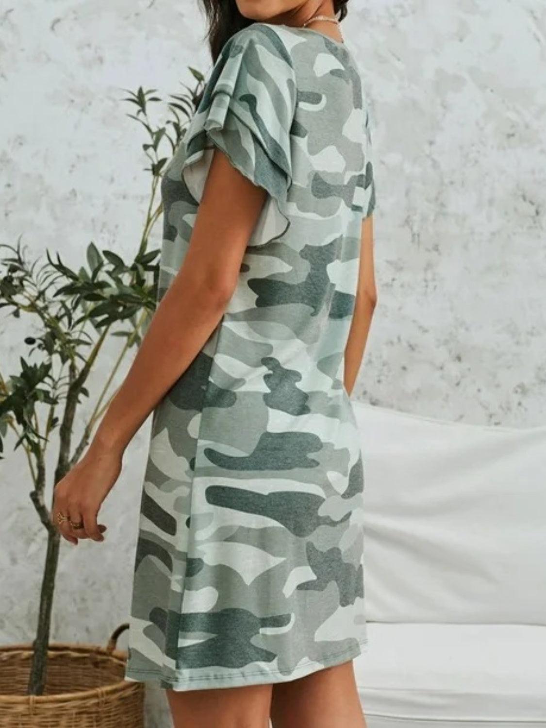 Camouflage Round Neck Short Sleeve Mini Dress - ClubOn