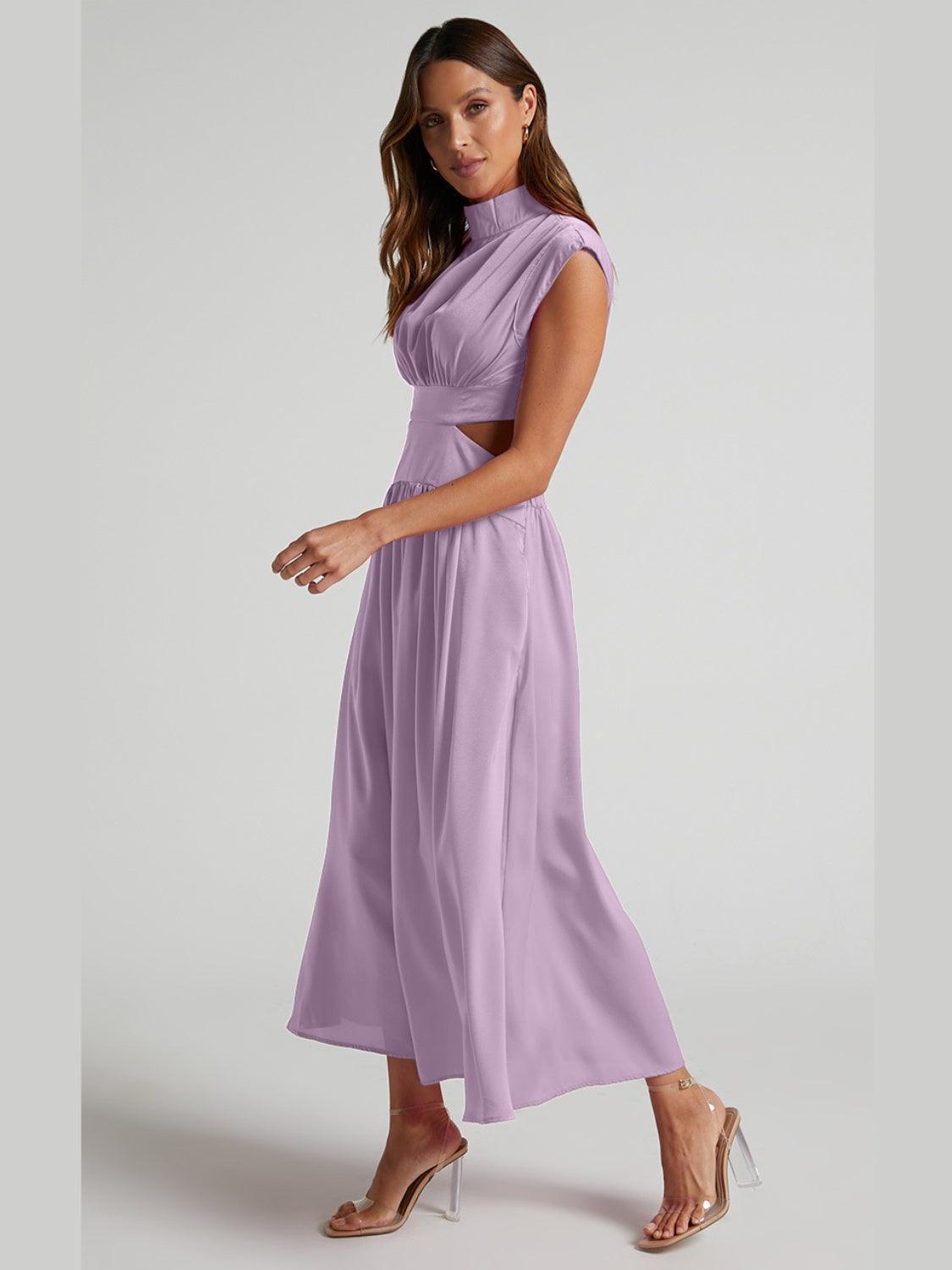 Cutout Mock Neck Sleeveless Ruched Dress - ClubOn