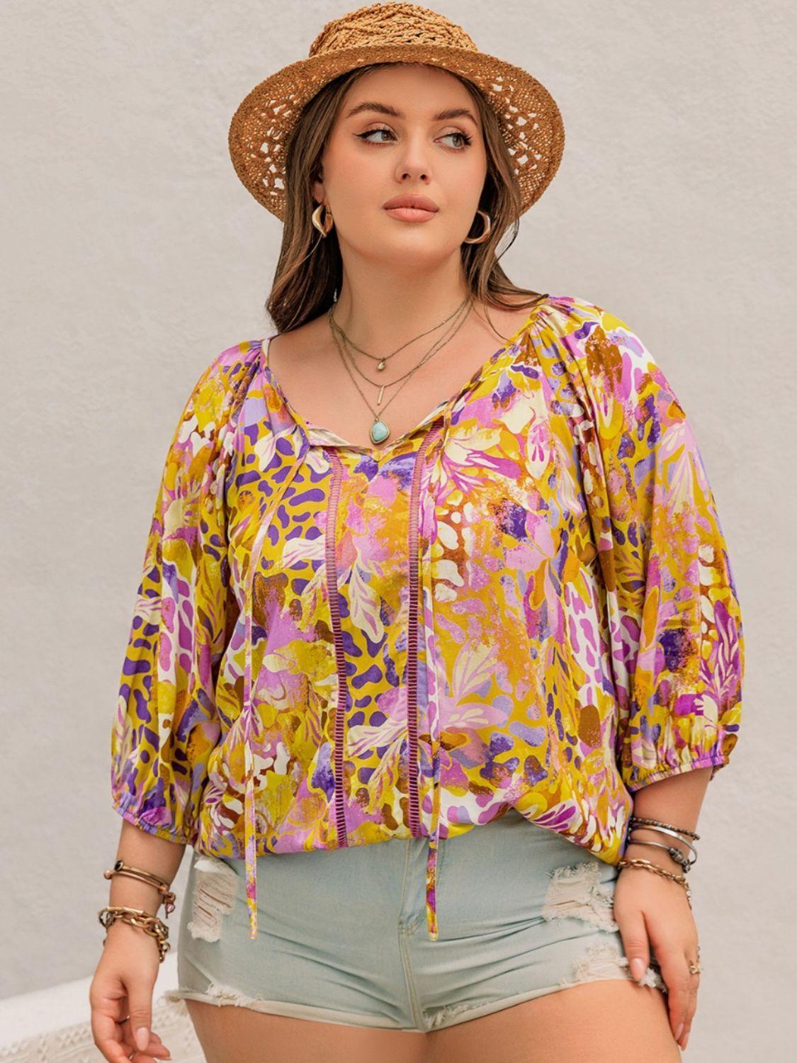 Plus Size Printed Tie Neck Blouse - ClubOn
