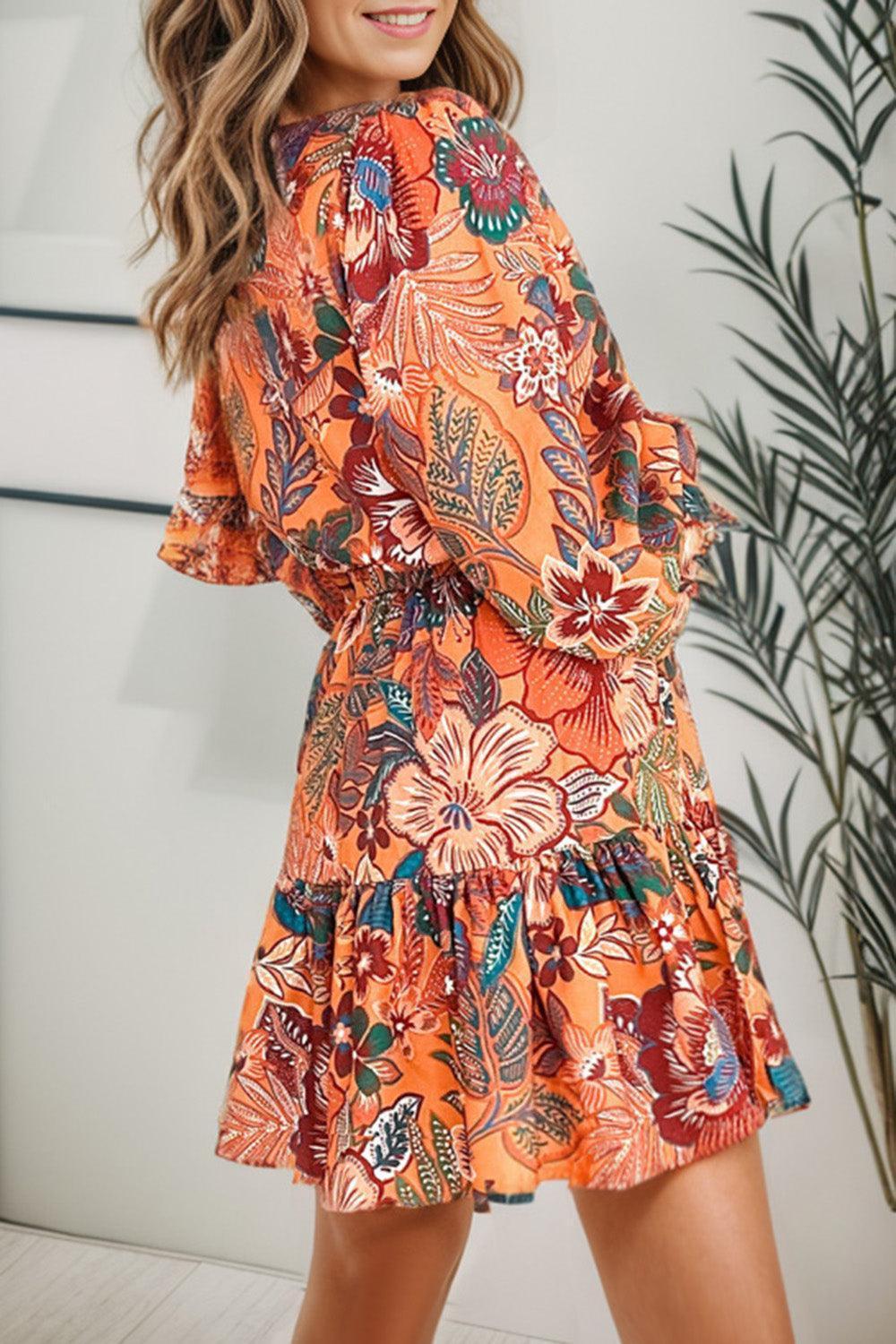 Tropical Print Tie Waist Lantern Sleeve Mini Dress - ClubOn