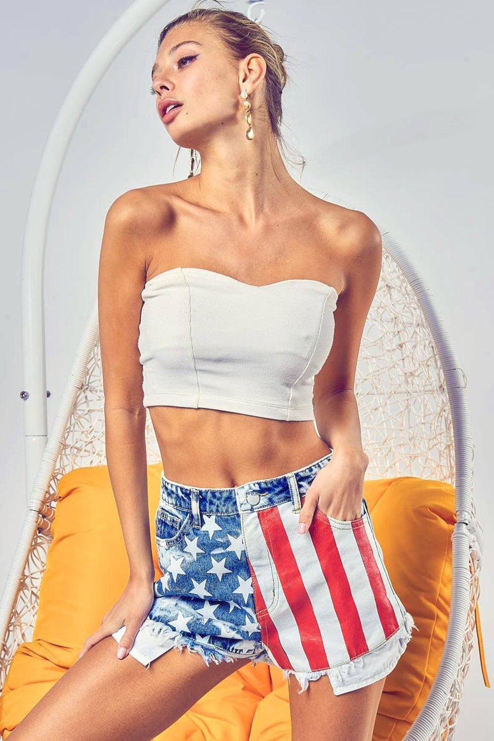 BiBi US Flag Theme Bleached Denim Shorts - ClubOn