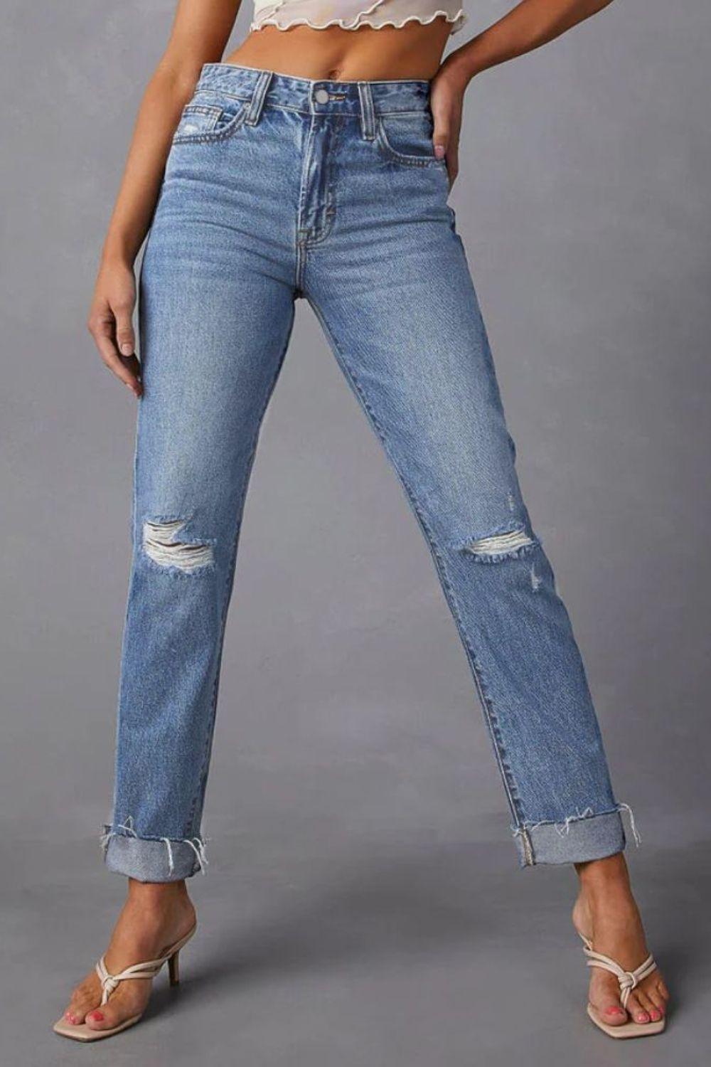 Distressed Raw Hem Straight Jeans with Pockets - ClubOn
