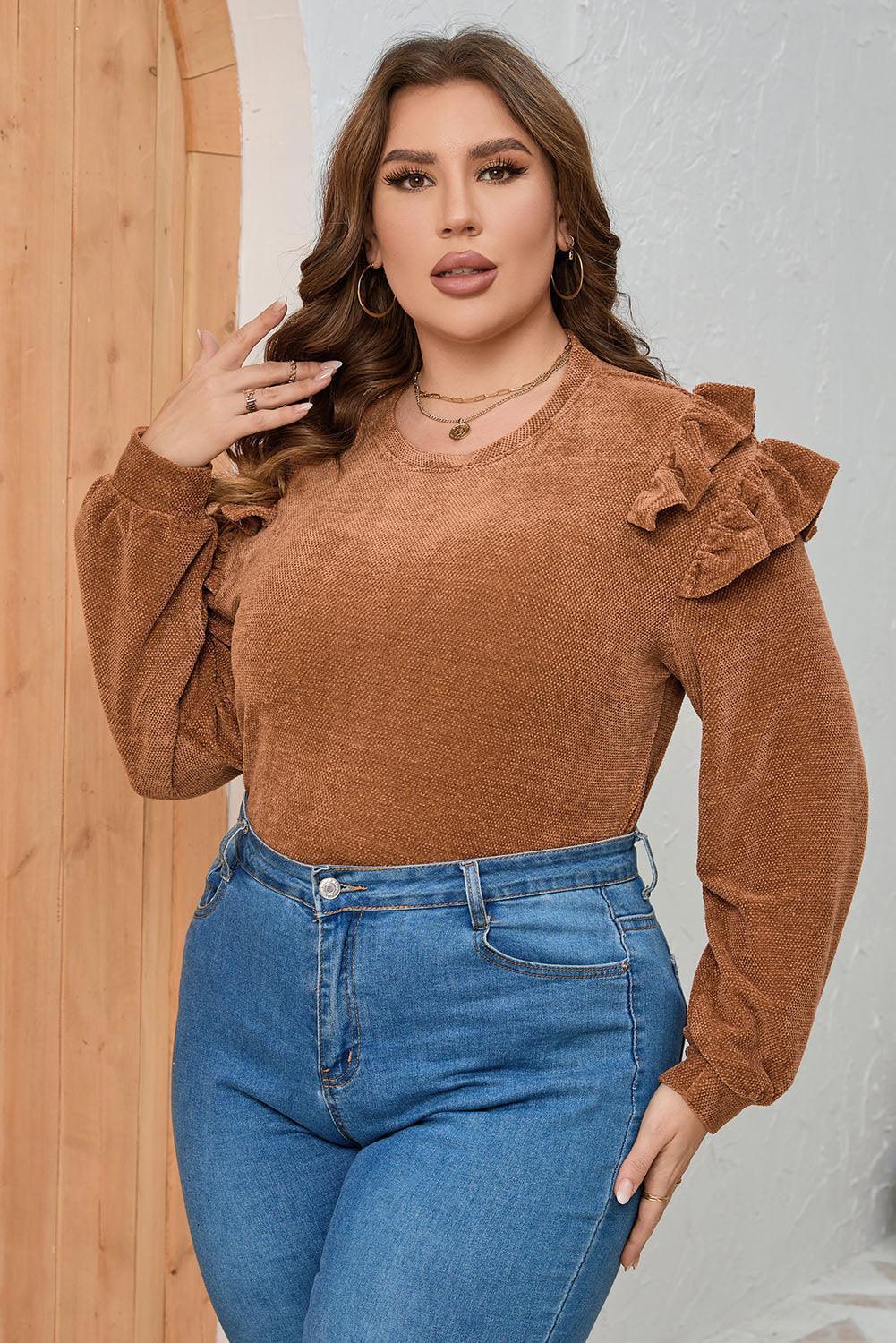 Plus Size Ruffled Round Neck Long Sleeve T-Shirt - ClubOn