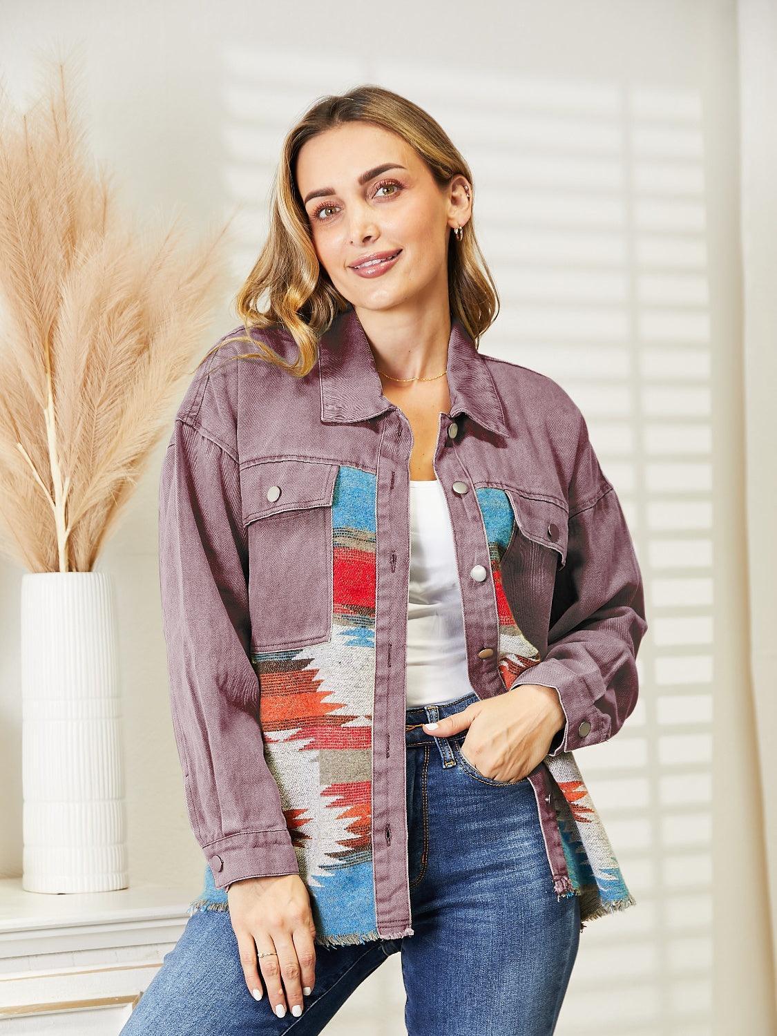 Dropped Shoulder Long Sleeve Printed Denim Jacket - ClubOn