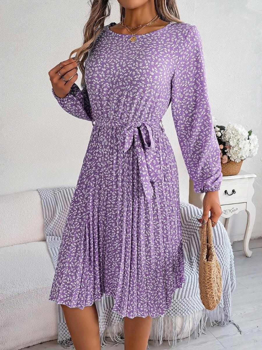 Ditsy Floral Tie Waist Pleated Dress - ClubOn