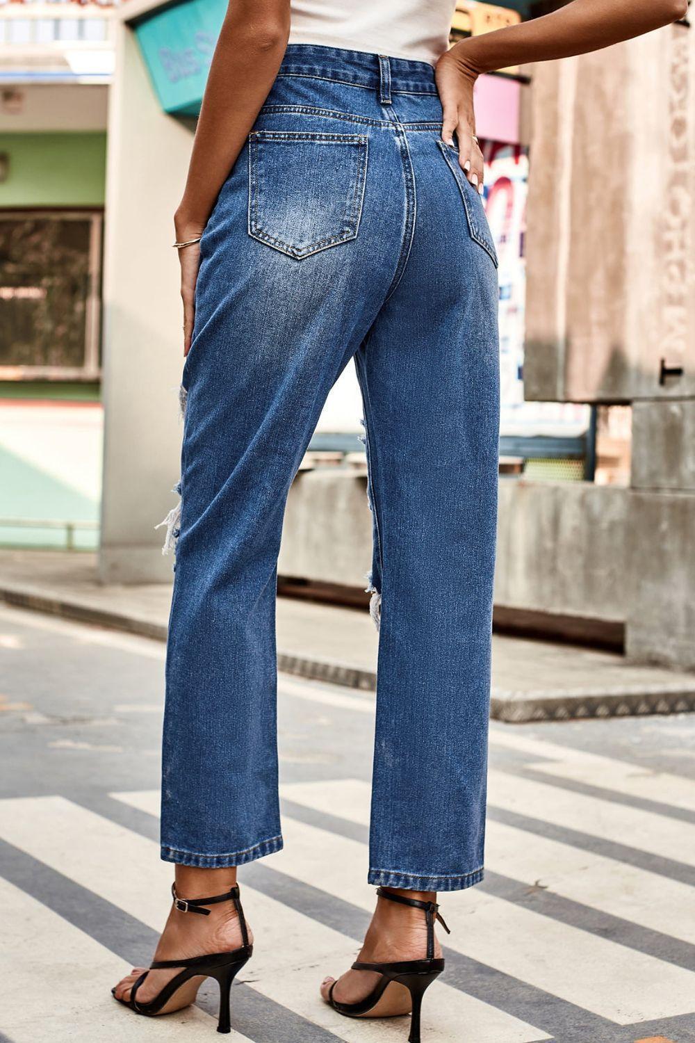 Distressed High Waist Straight Jeans - ClubOn