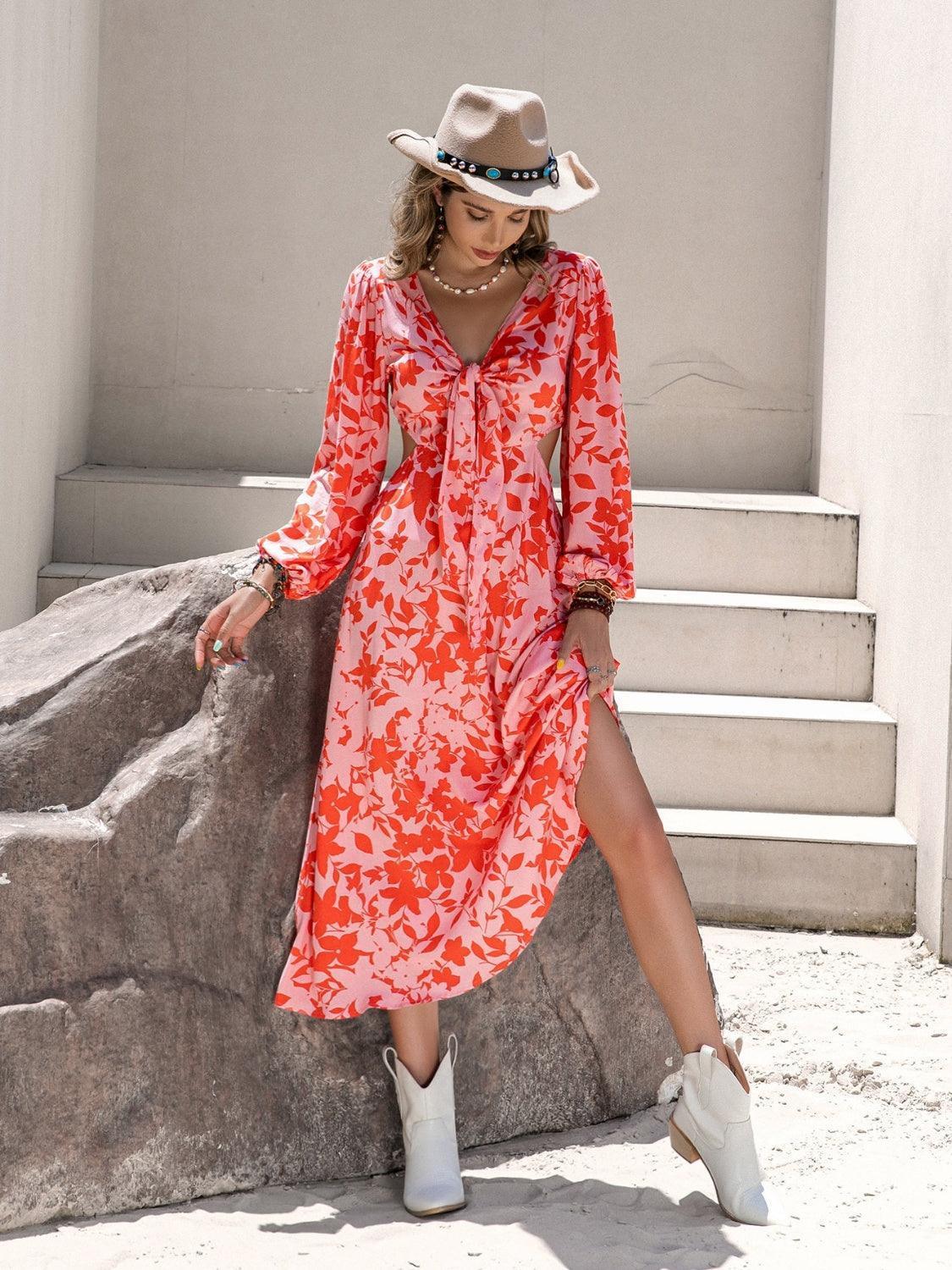 Tied Cutout Printed Long Sleeve Midi Dress - ClubOn
