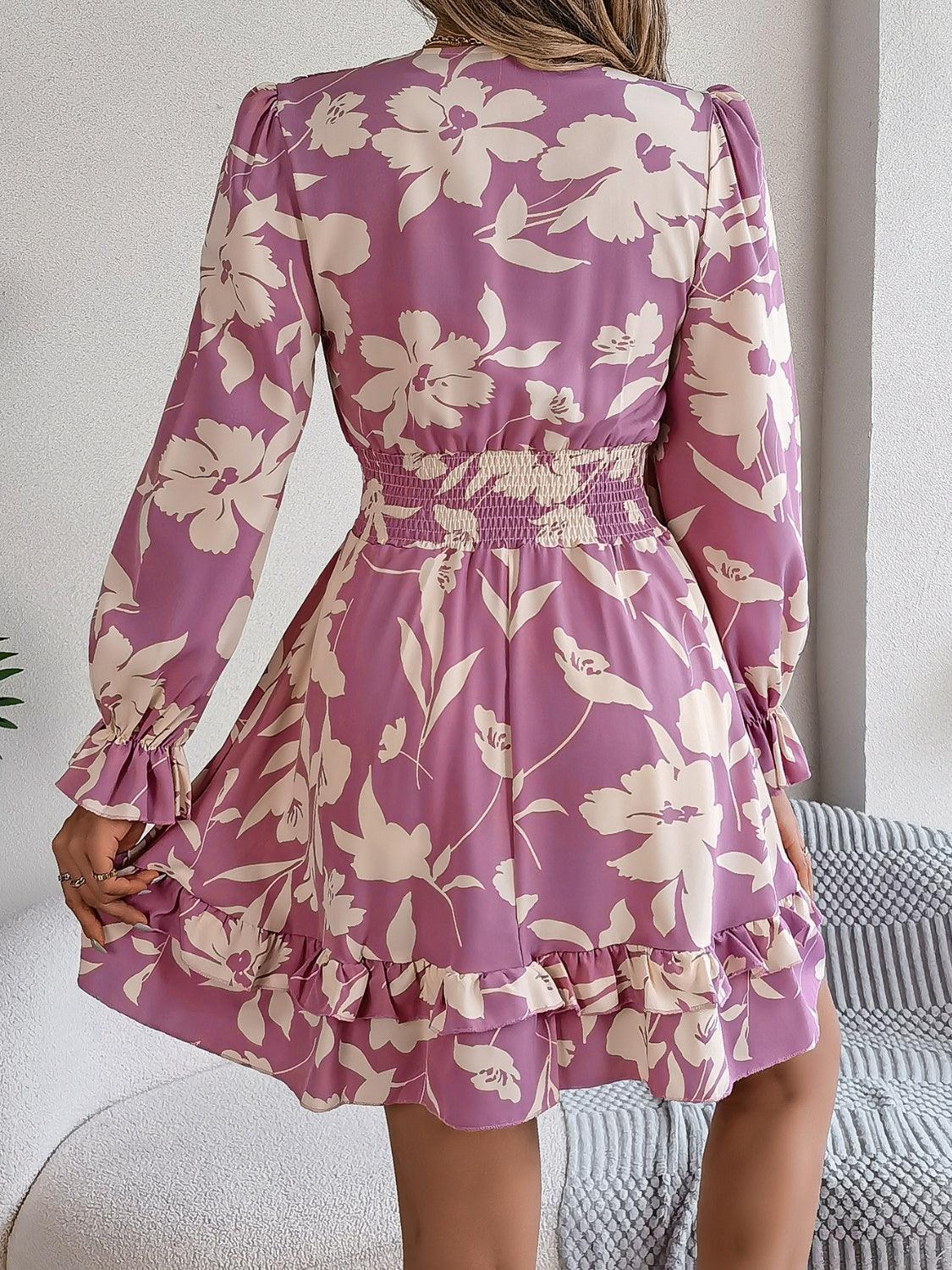 Tied Ruffled Printed Long Sleeve Dress - ClubOn