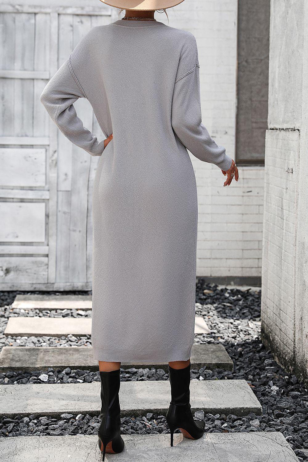 Decorative Button Notched Dropped Shoulder Sweater Dress - ClubOn