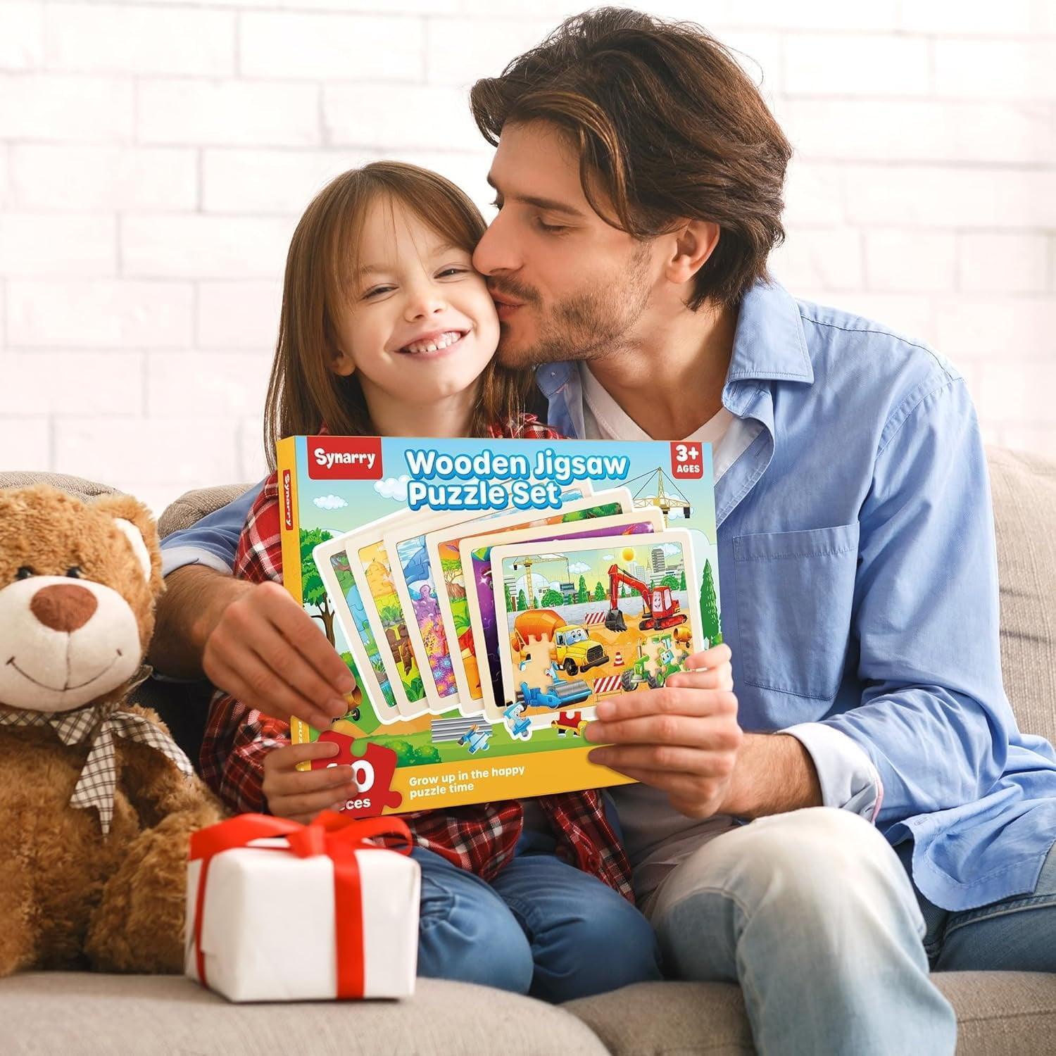 SYNARRY Wooden Puzzles for Kids Ages 4-6, 6 Packs, 60 Pieces, Educational Preschool Puzzles for Boys & Girls - ClubOn