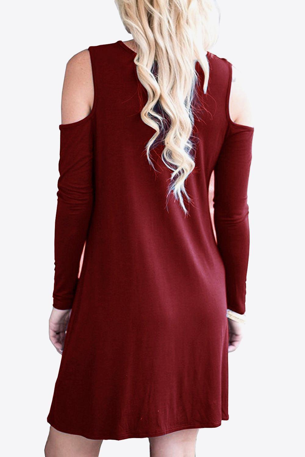 Cold-Shoulder Long Sleeve Round Neck Dress - ClubOn