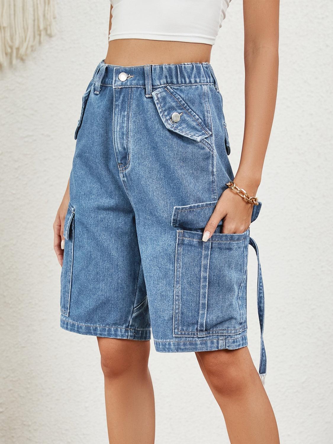 Buttoned Elastic Waist Denim Shorts with Pockets - ClubOn