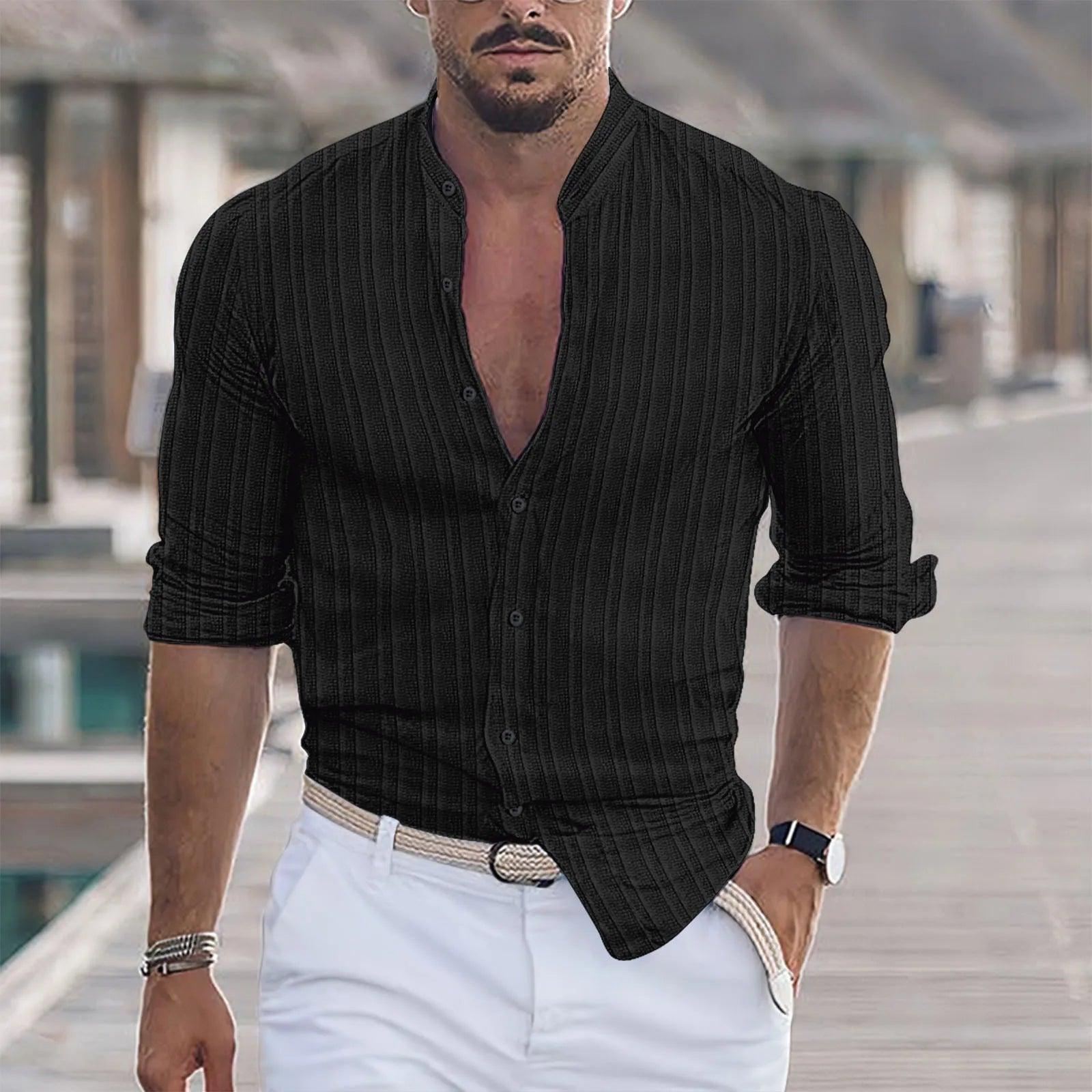 Men's Striped Long Sleeve Shirt - Casual Beach Style Top - ClubOn