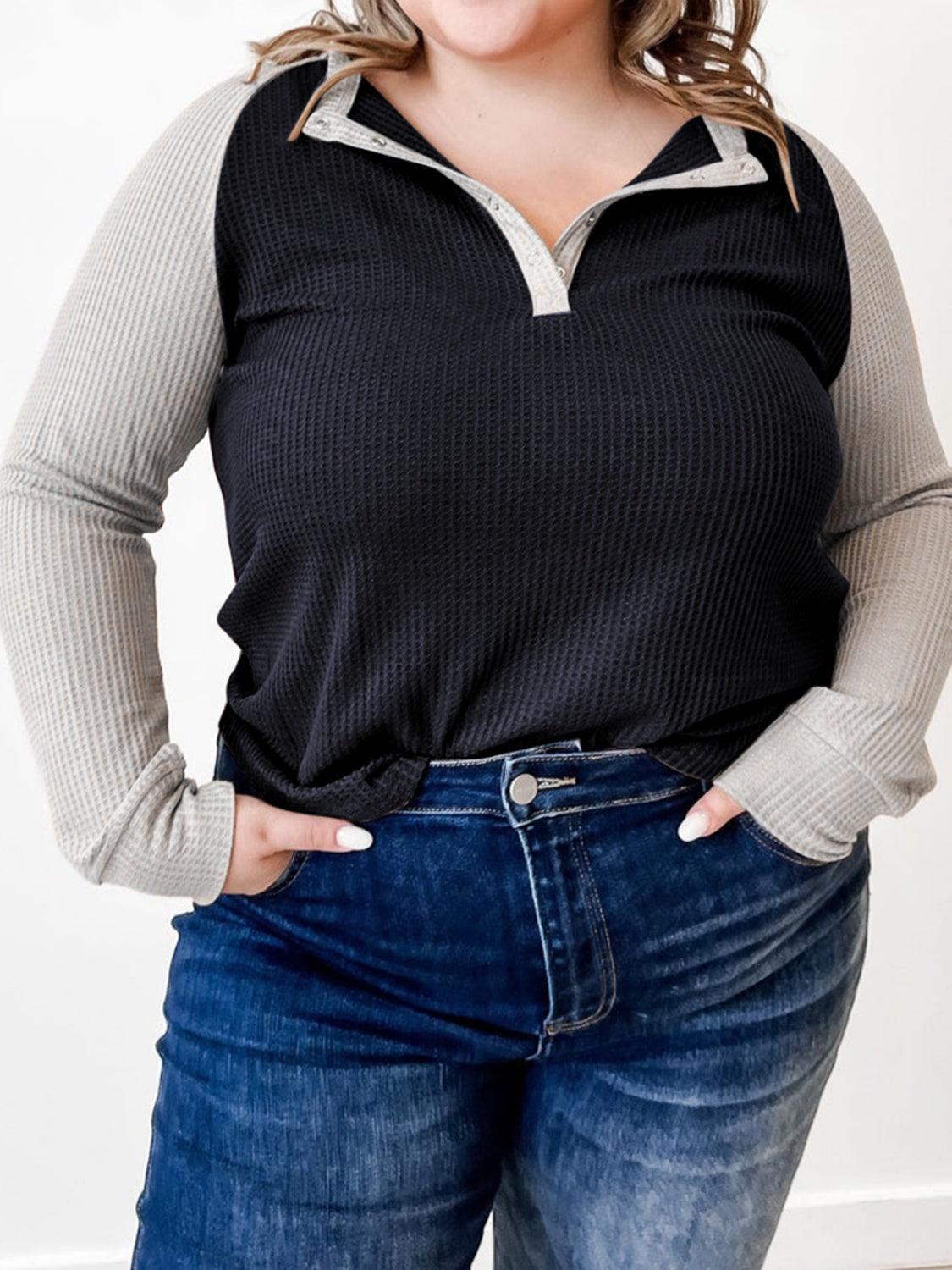 Plus Size Waffle-Knit Half Snap Long Sleeve Shirt - ClubOn