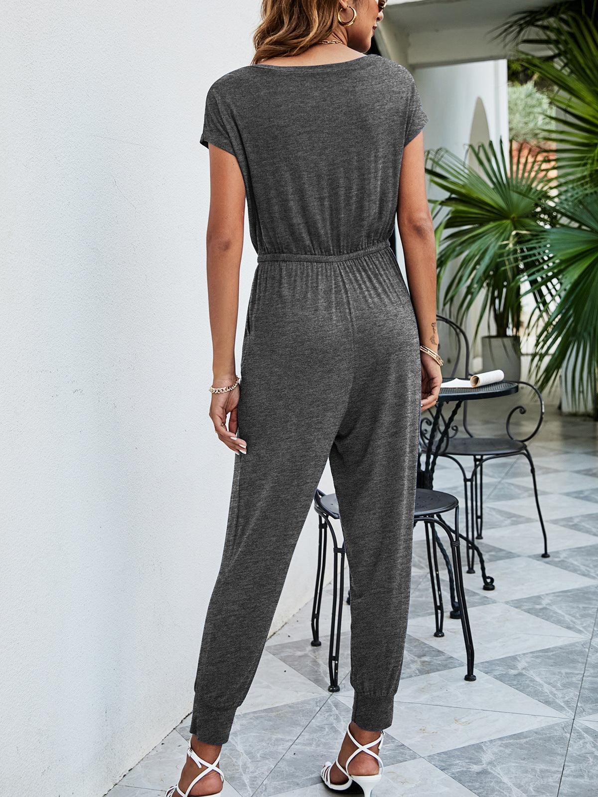Drawstring Waist Short Sleeve Jogger Jumpsuit - ClubOn