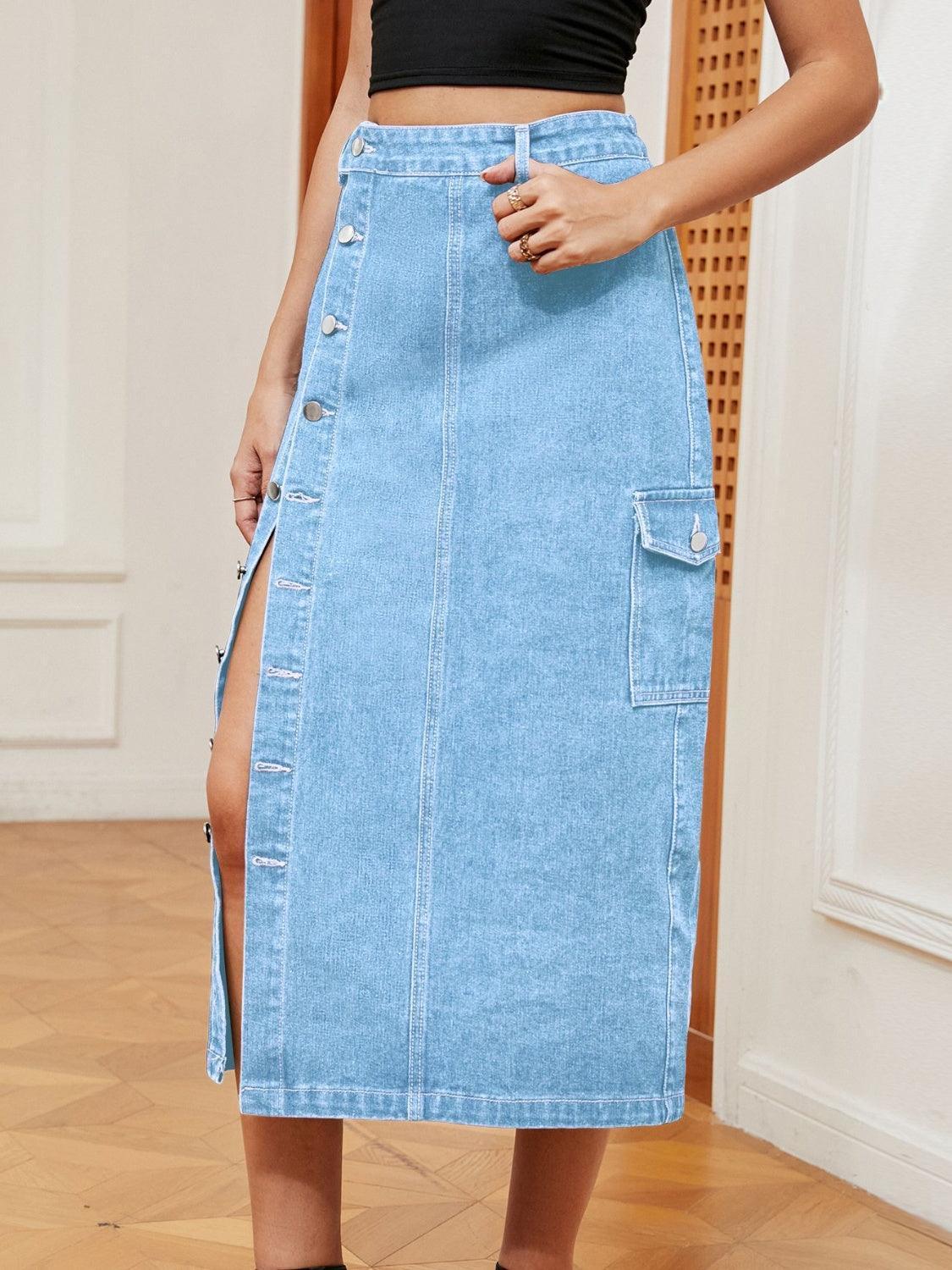 Button Down Midi Denim Skirt - ClubOn