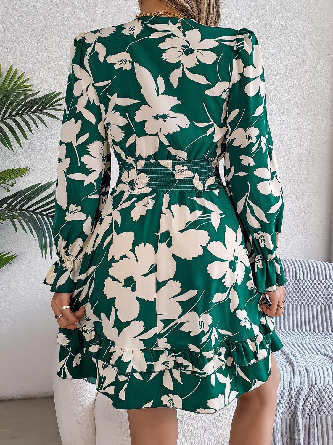 Tied Ruffled Printed Long Sleeve Dress - ClubOn