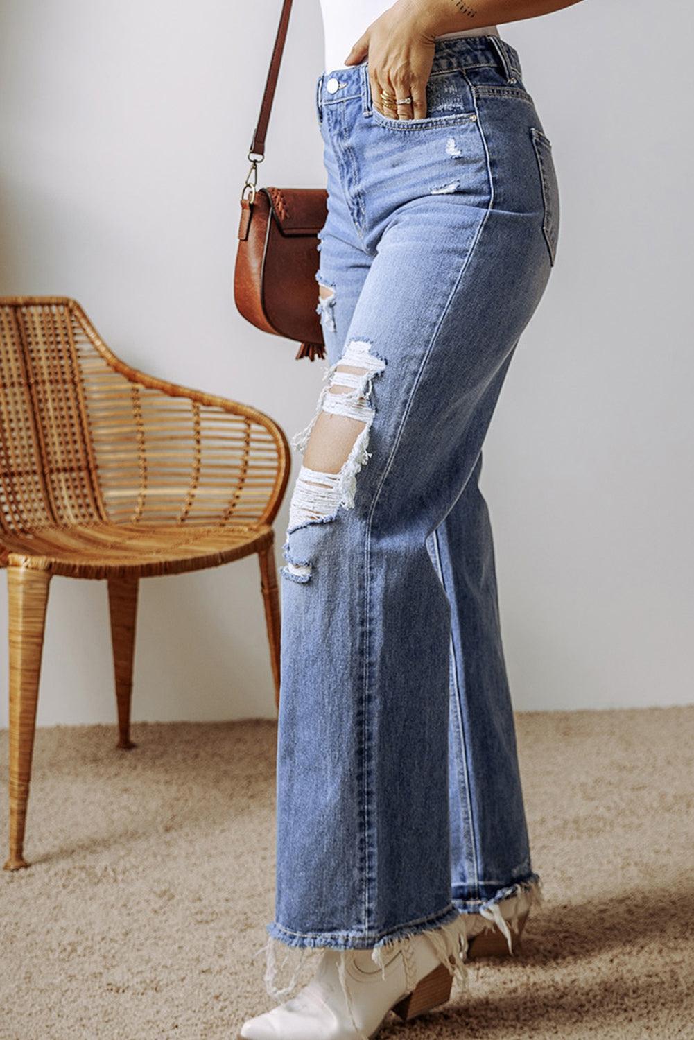 Distressed Straight Leg Jeans with Pockets - ClubOn