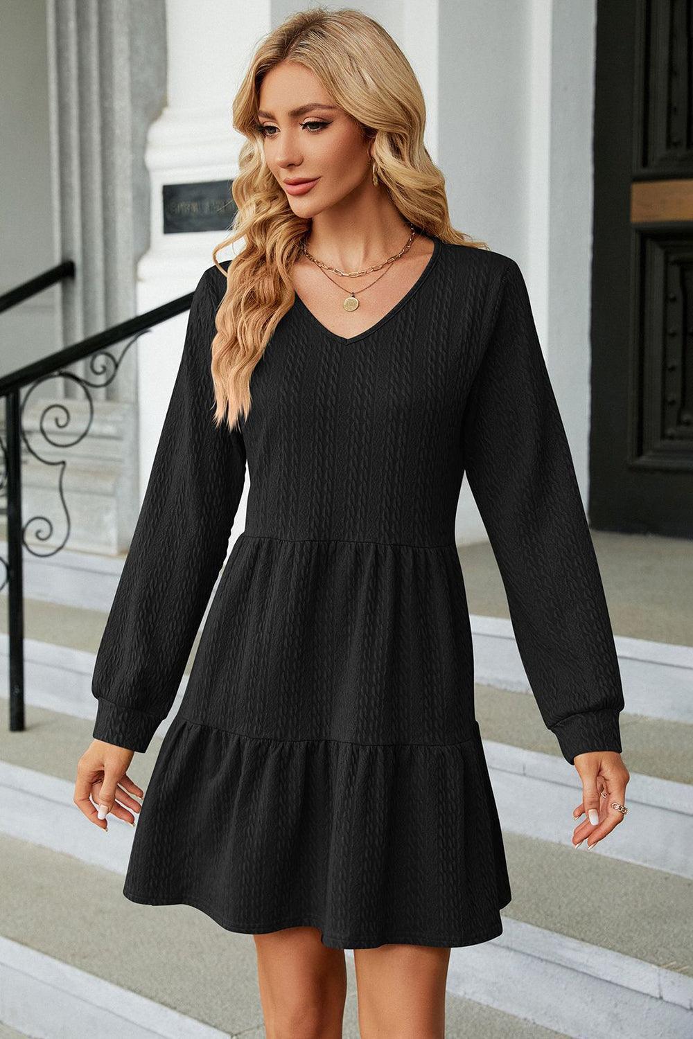 V-Neck Long Sleeve Mini Dress - ClubOn