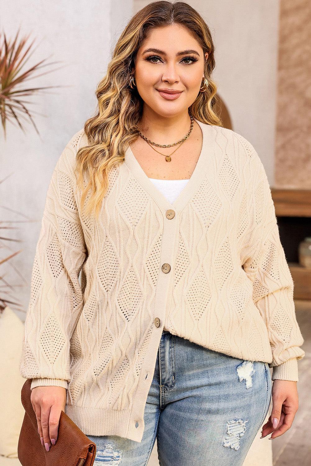 Plus Size Cable-Knit Button Up Sweater - ClubOn