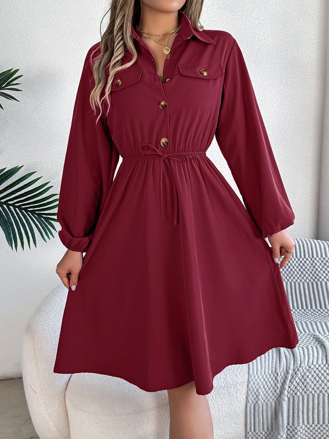 Collared Neck Long Sleeve Dress with Pockets - ClubOn