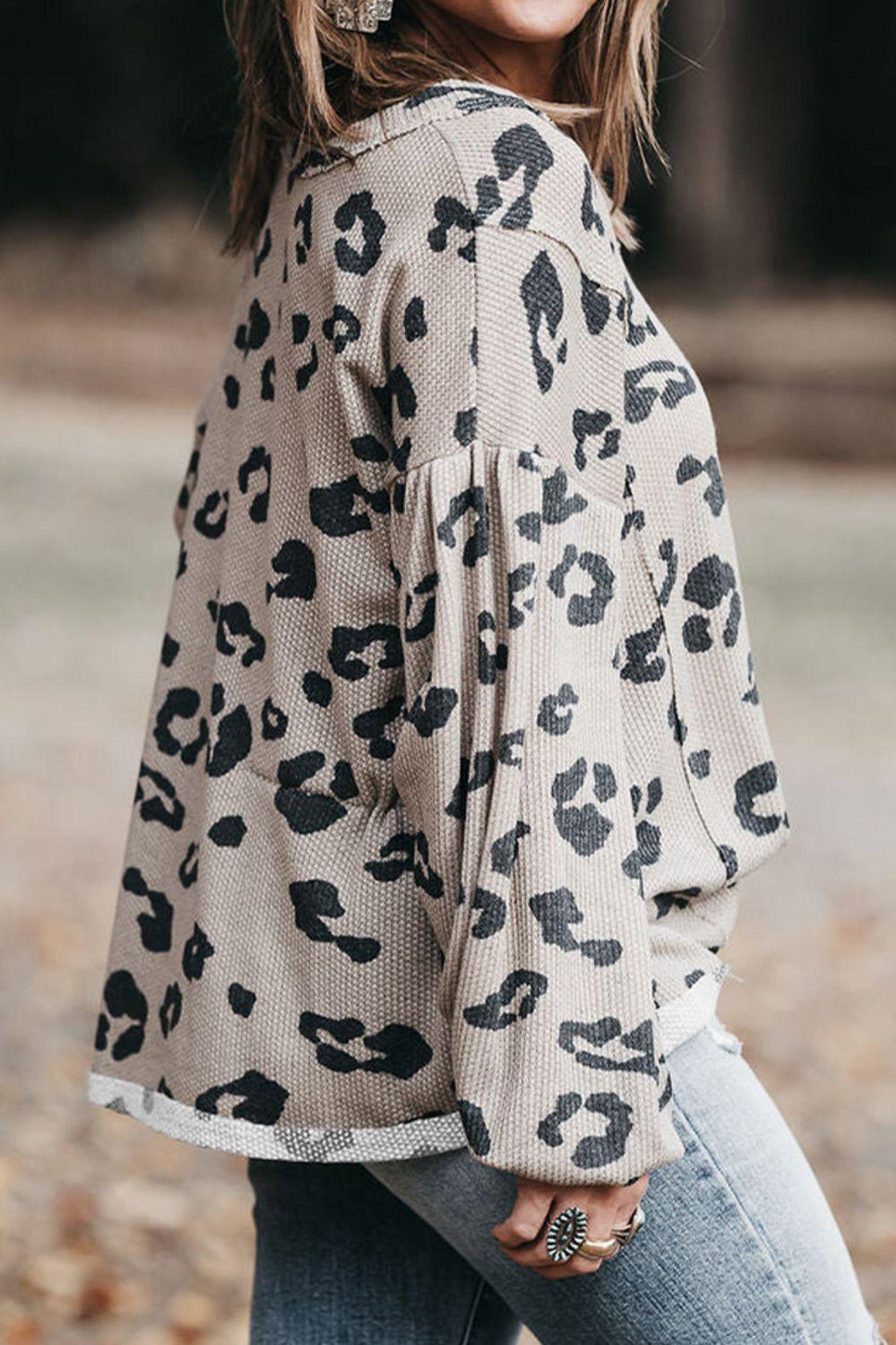 Plus Size Leopard V-Neck Dropped Shoulder T-Shirt - ClubOn