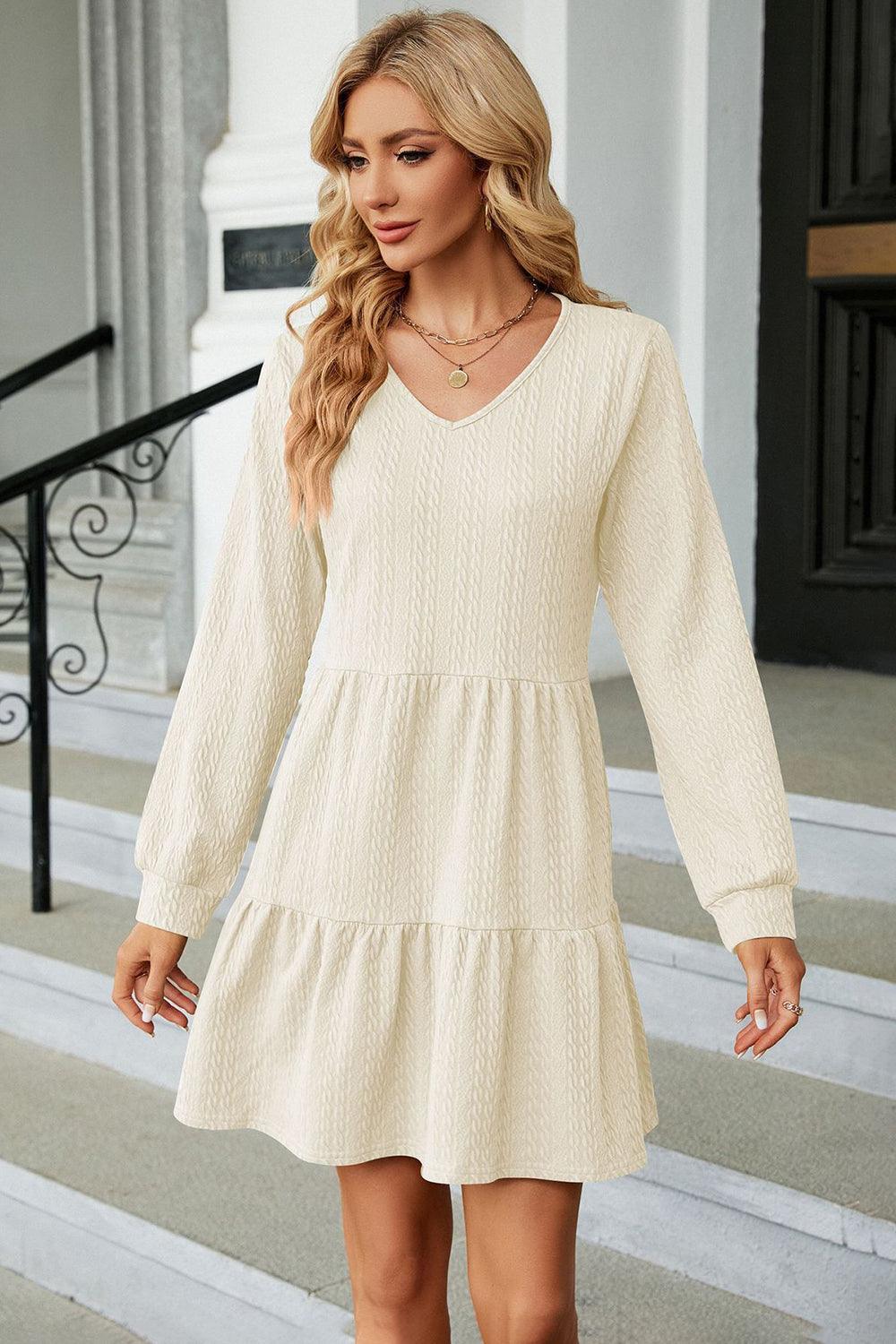 V-Neck Long Sleeve Mini Dress - ClubOn