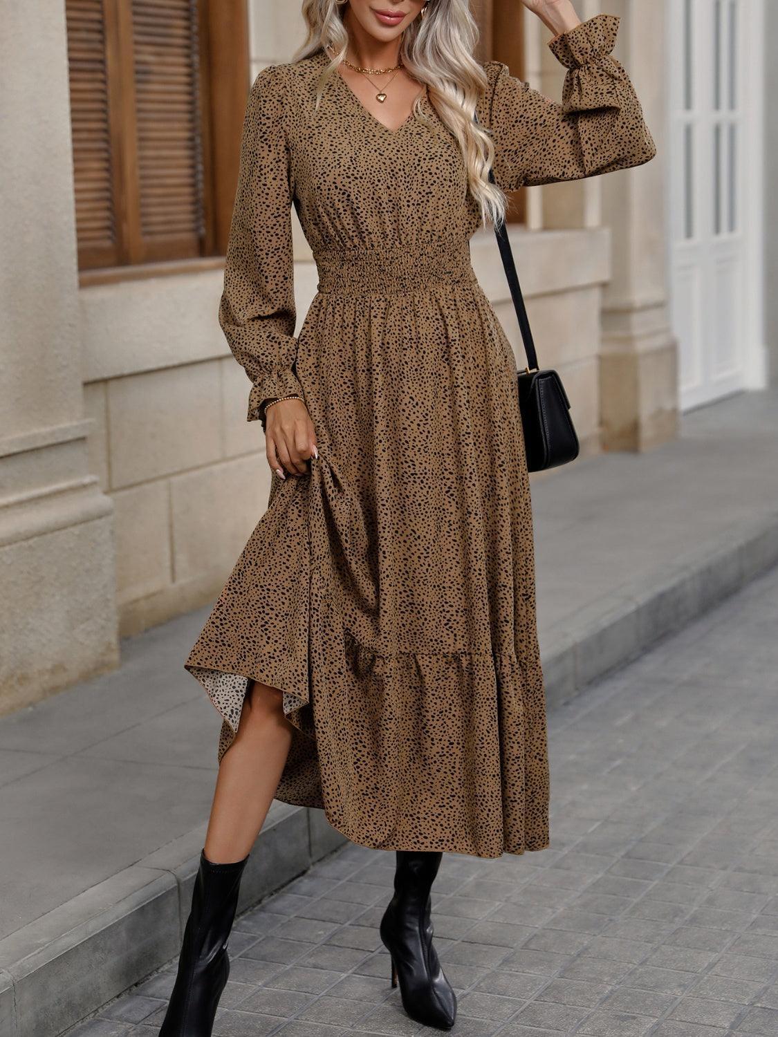 V-Neck Flounce Sleeve Ruffle Hem Dress - ClubOn