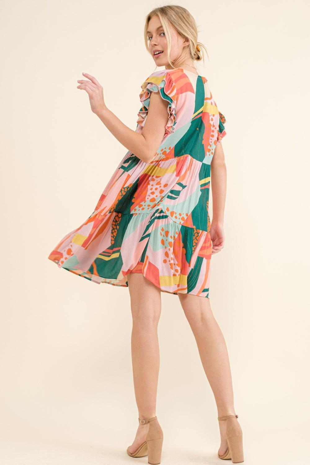 And The Why Printed Double Ruffle Sleeve Dress - ClubOn