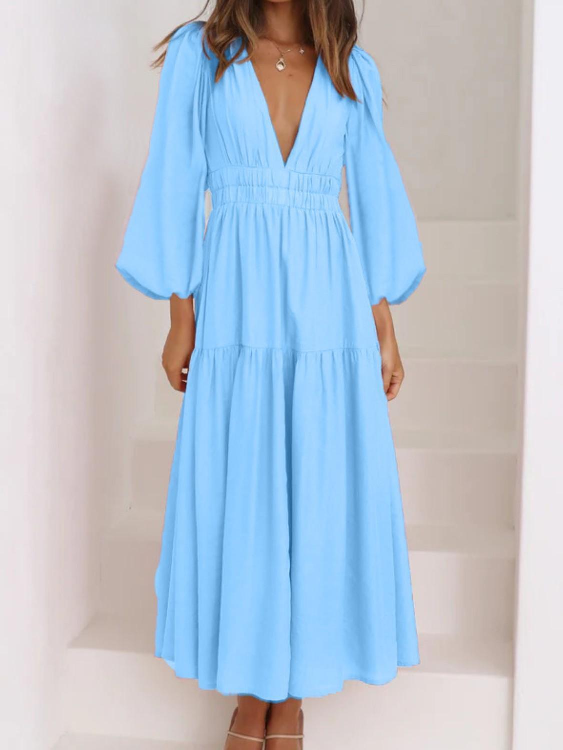Deep V-Neck Balloon Sleeve Plain Maxi Dress - ClubOn