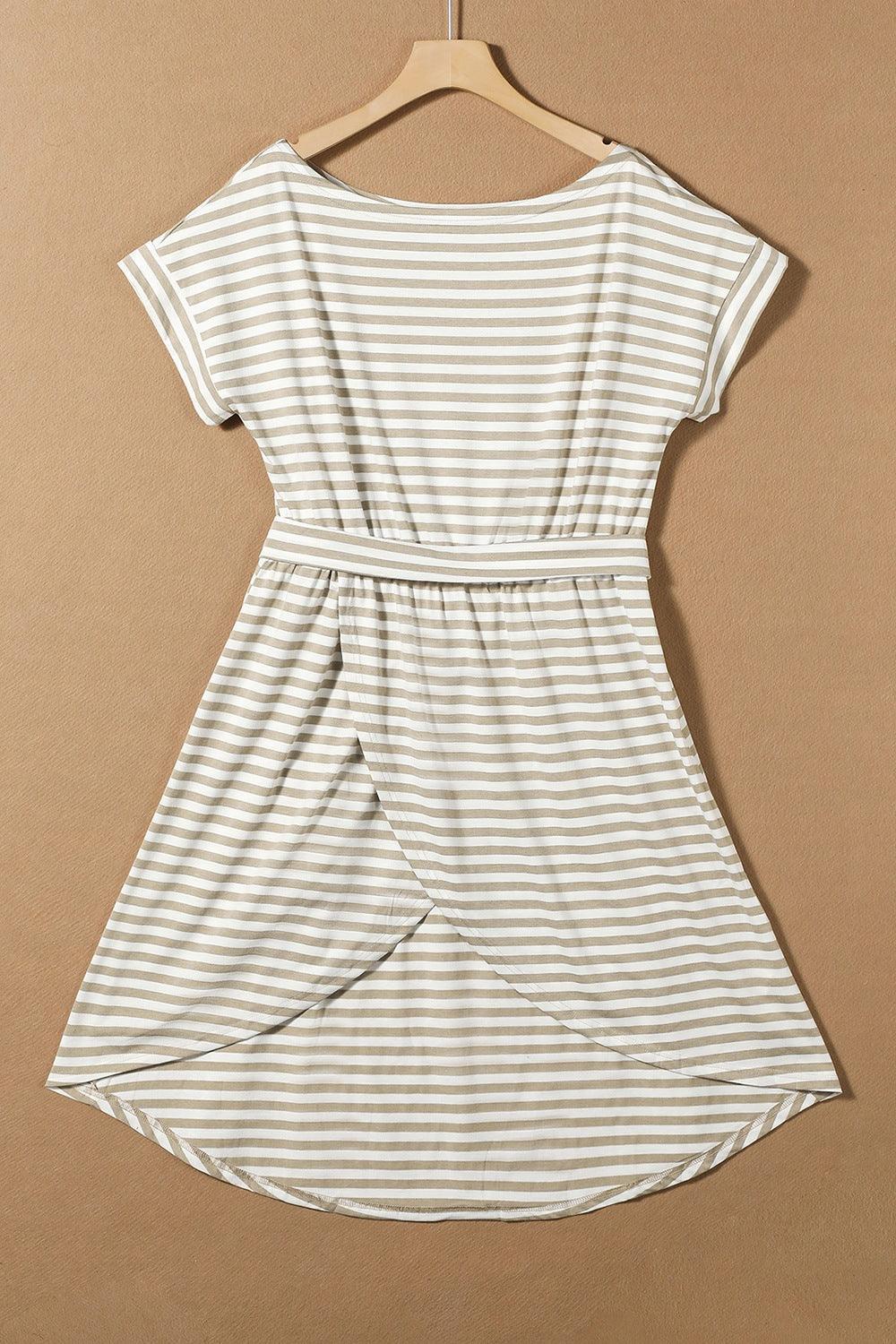 Tied Striped Cap Sleeve Dress - ClubOn