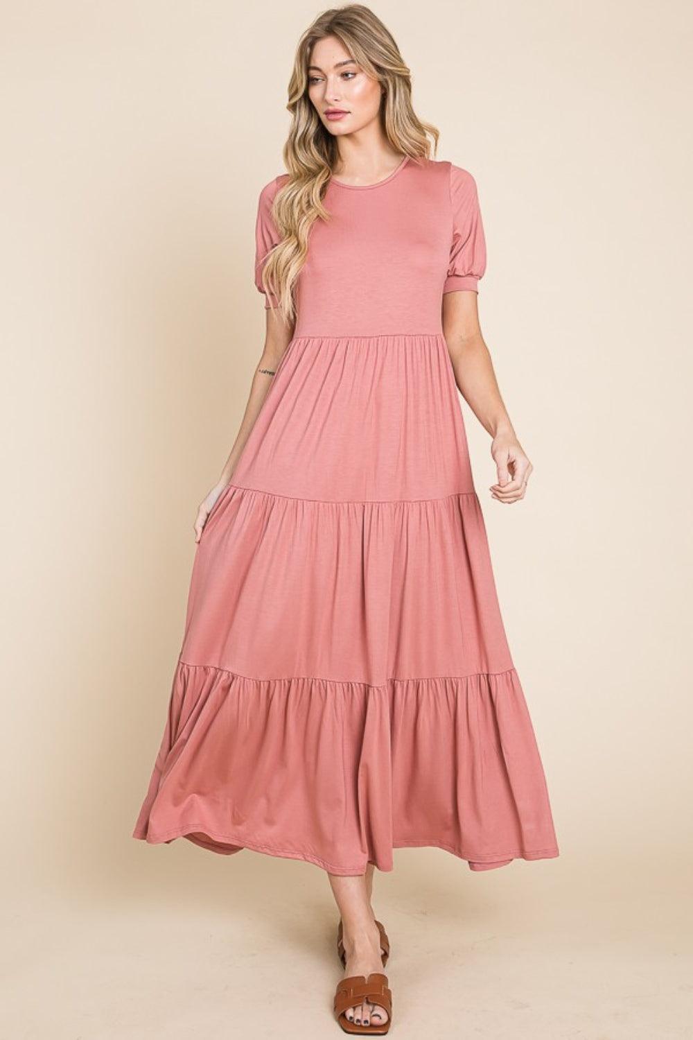 BOMBOM Short Sleeve Tiered Maxi Dress - ClubOn