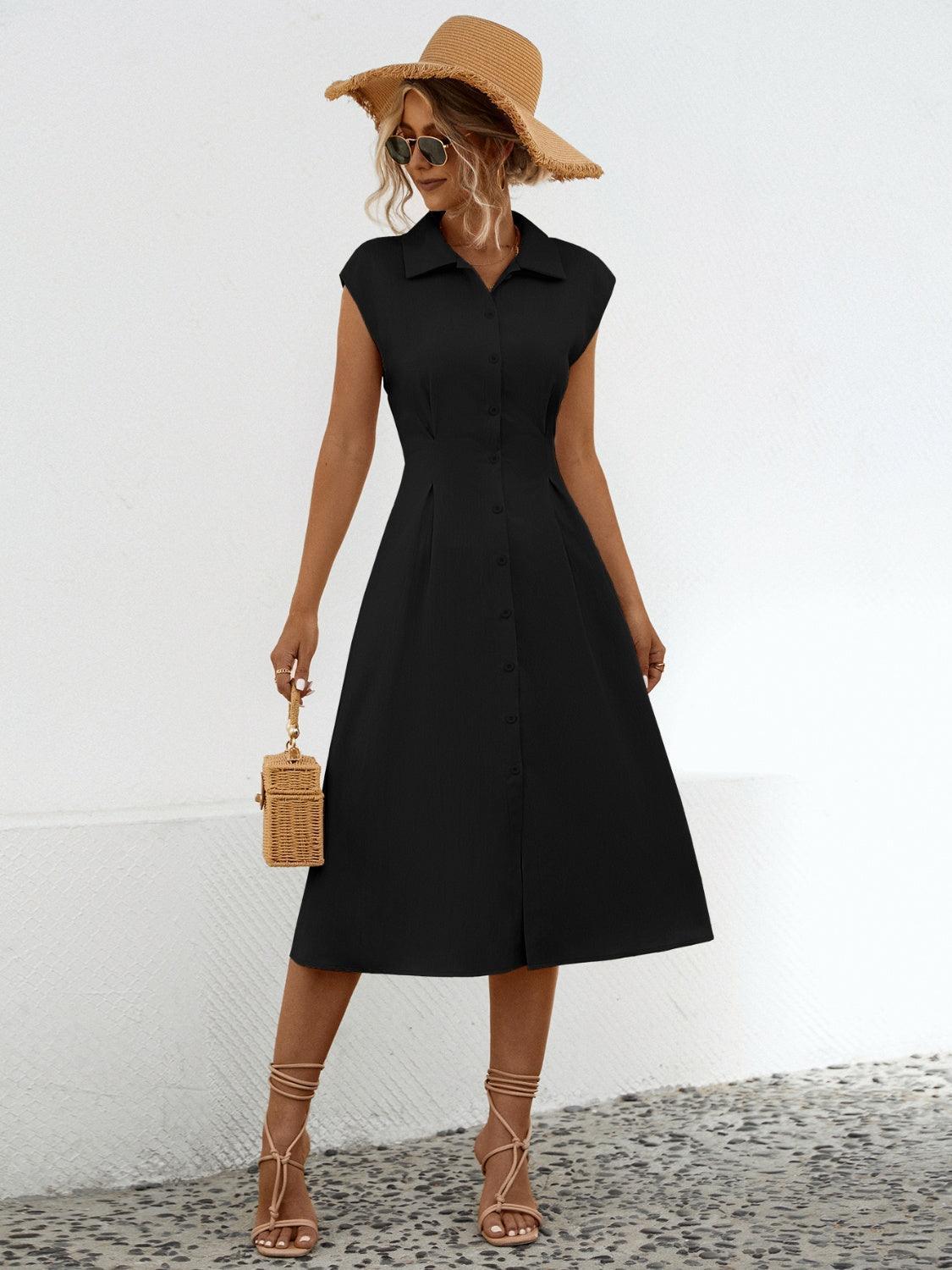 Button Up Cap Sleeve Midi Dress - ClubOn