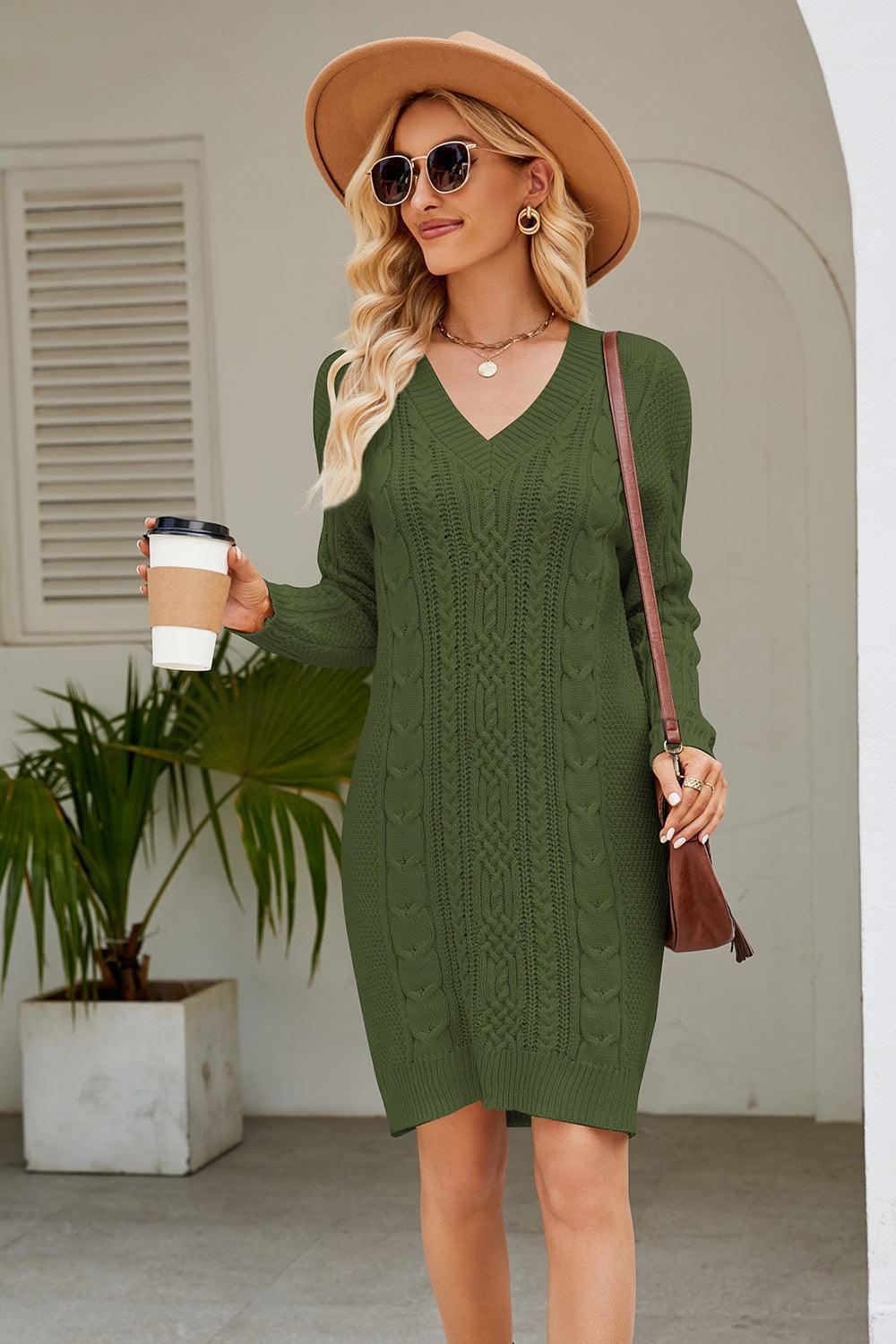 Cable-Knit Long Sleeve Sweater Dress - ClubOn