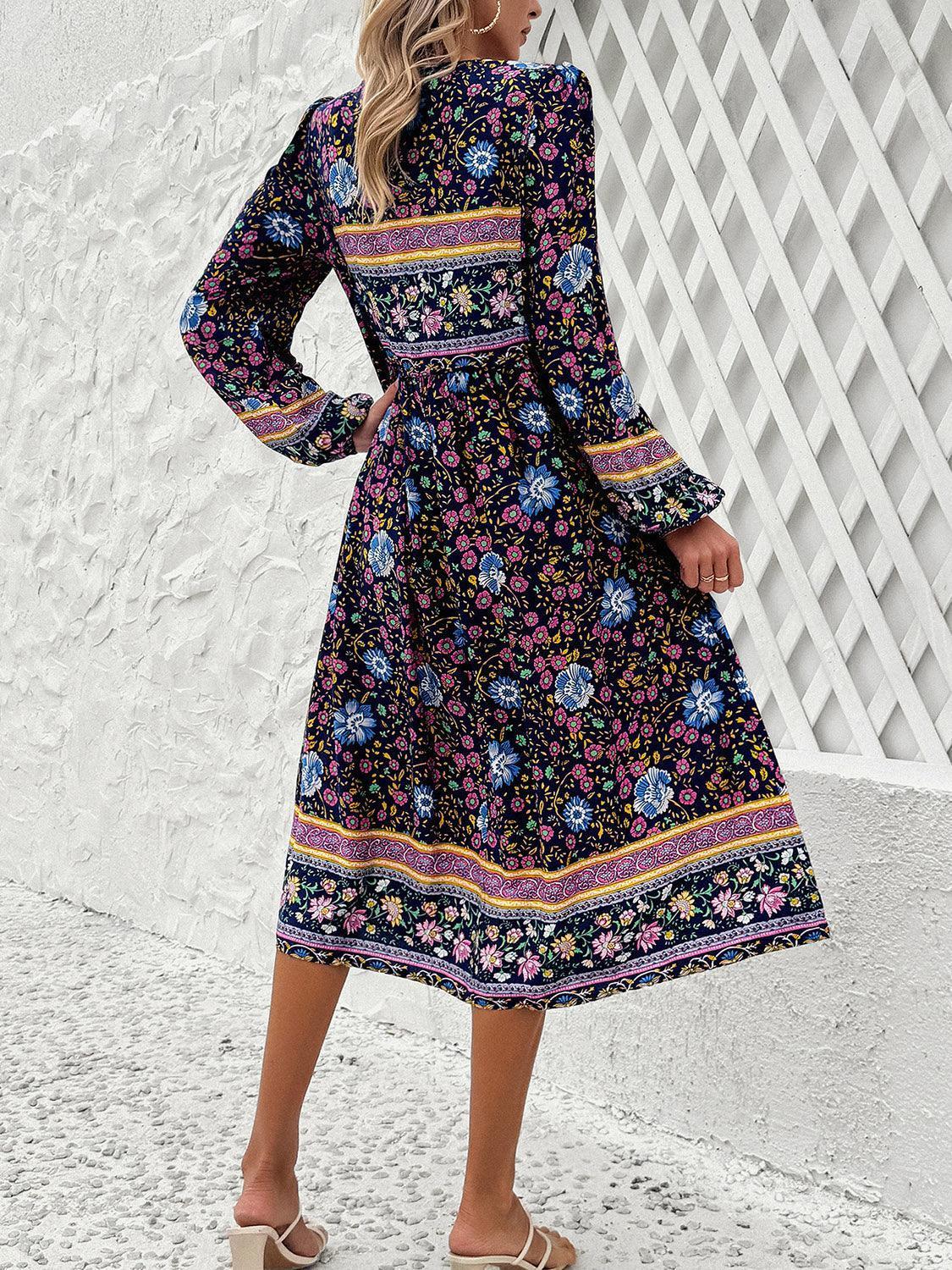 Devine Tassel Tied Printed Long Sleeve Dress - ClubOn
