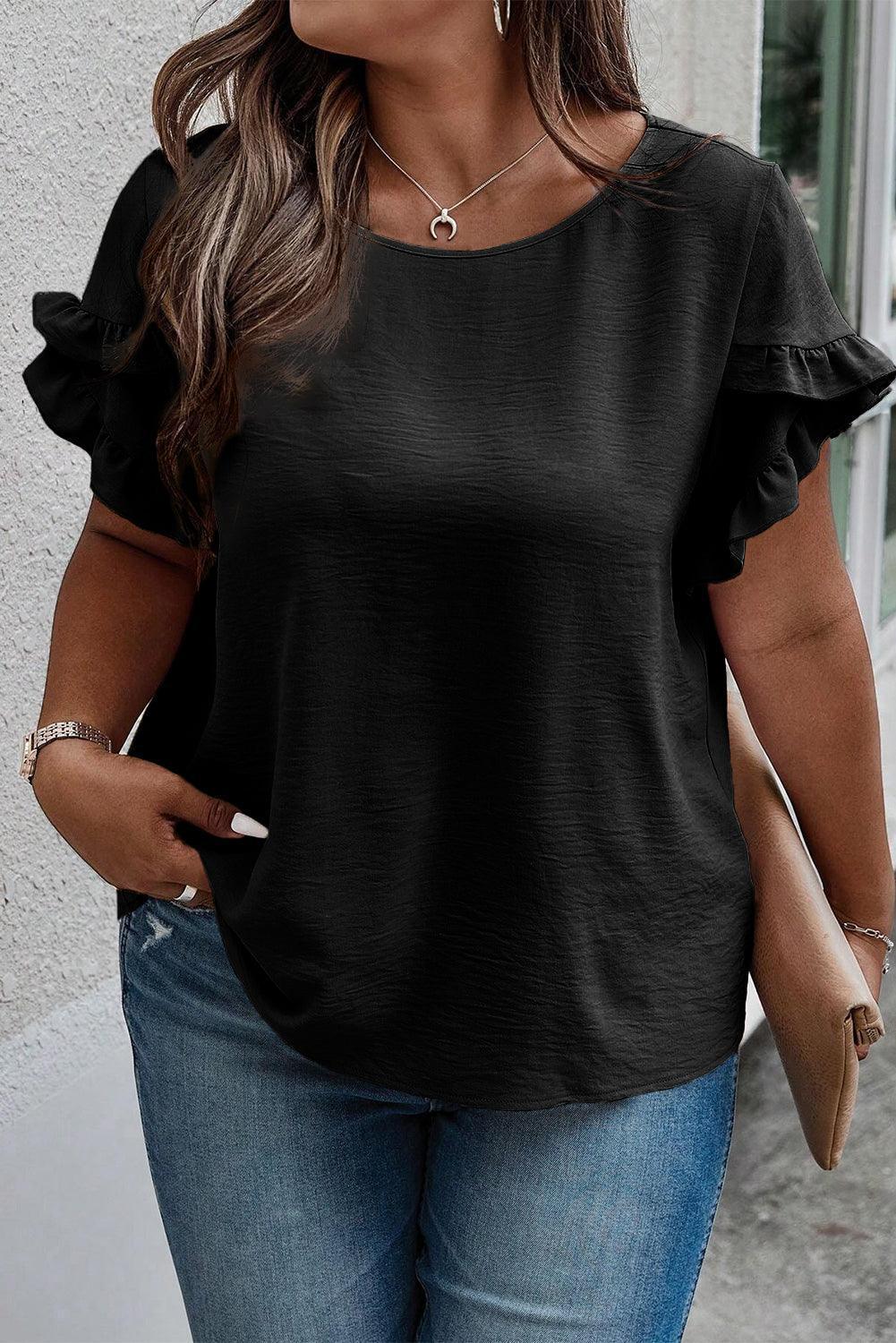 Plus Size Ruffled Round Neck Short Sleeve Blouse - ClubOn