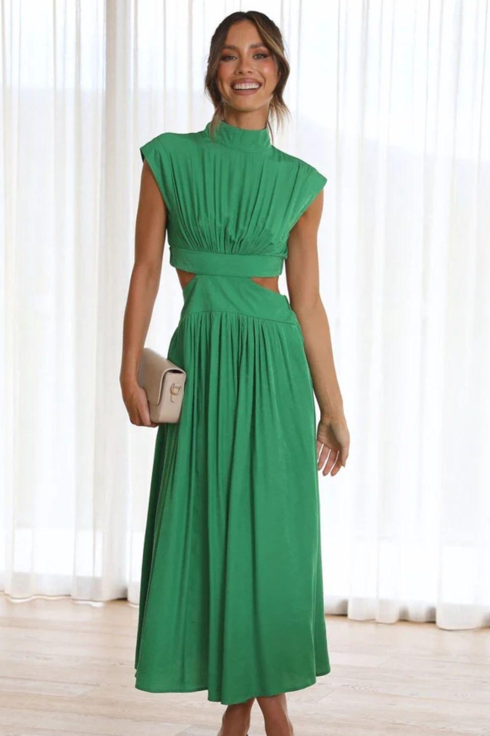 Cutout Mock Neck Sleeveless Ruched Dress - ClubOn