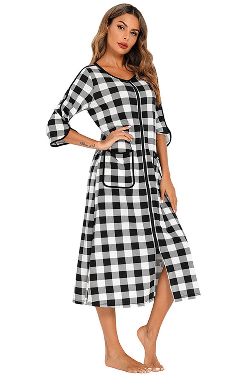 Round Neck Three-Quarter Sleeve Midi Night Dress - ClubOn