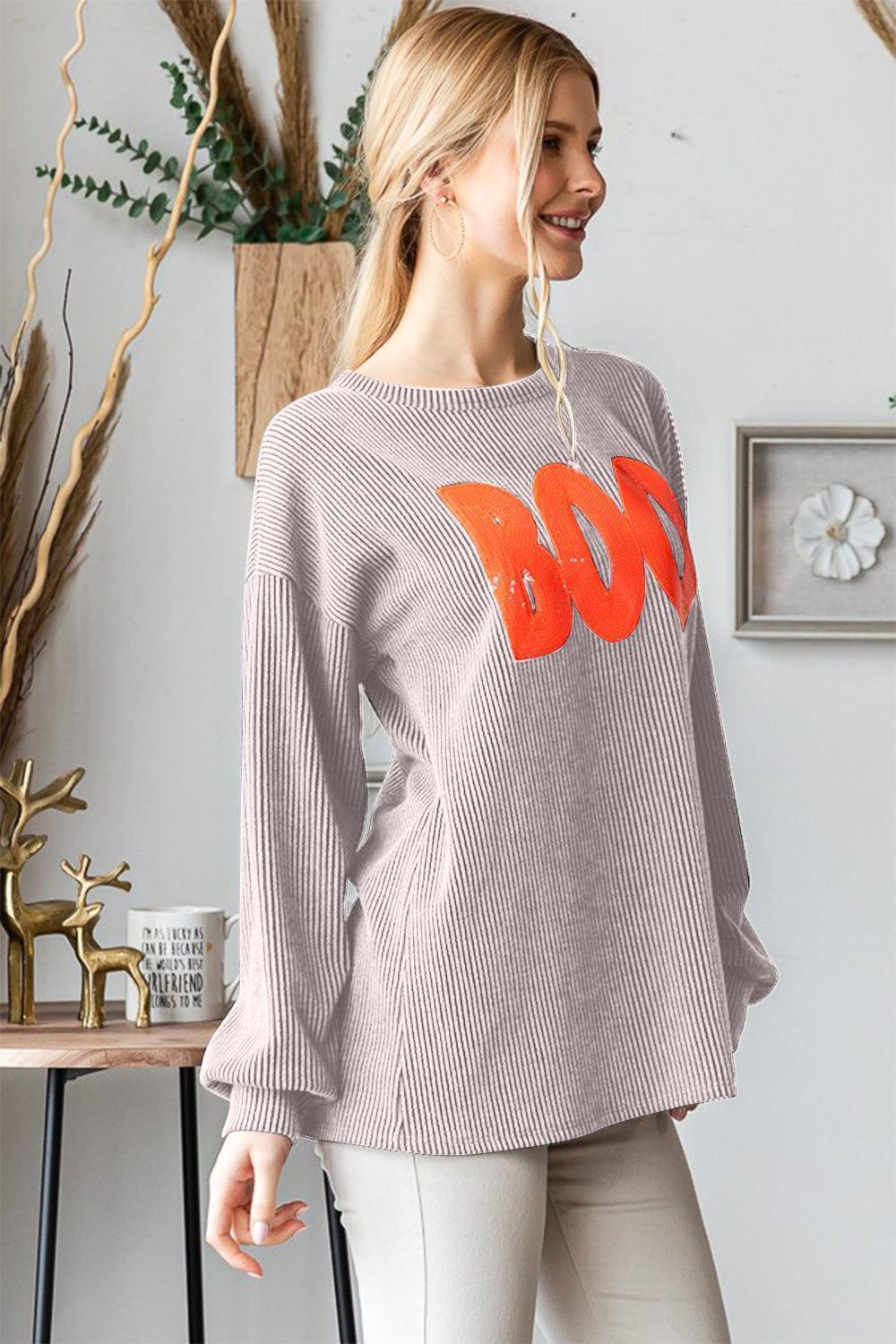 Heimish BOO Round Neck Long Sleeve Ribbed T-Shirt - ClubOn