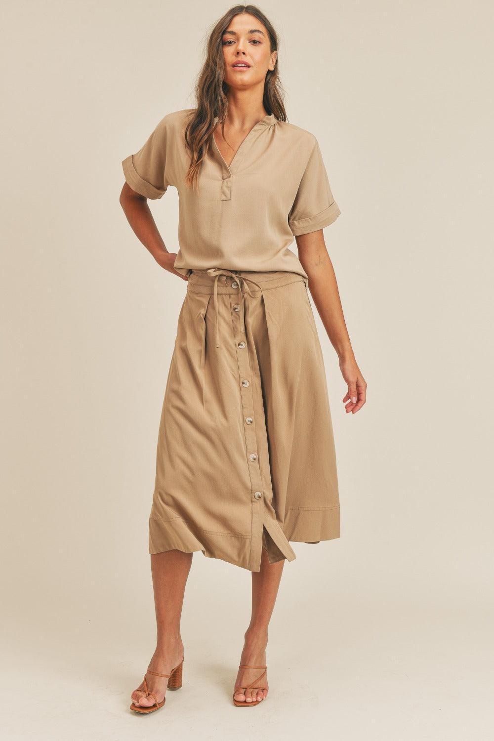 MABLE Short Sleeve Top &amp; Button Down Midi Skirt Set - ClubOn