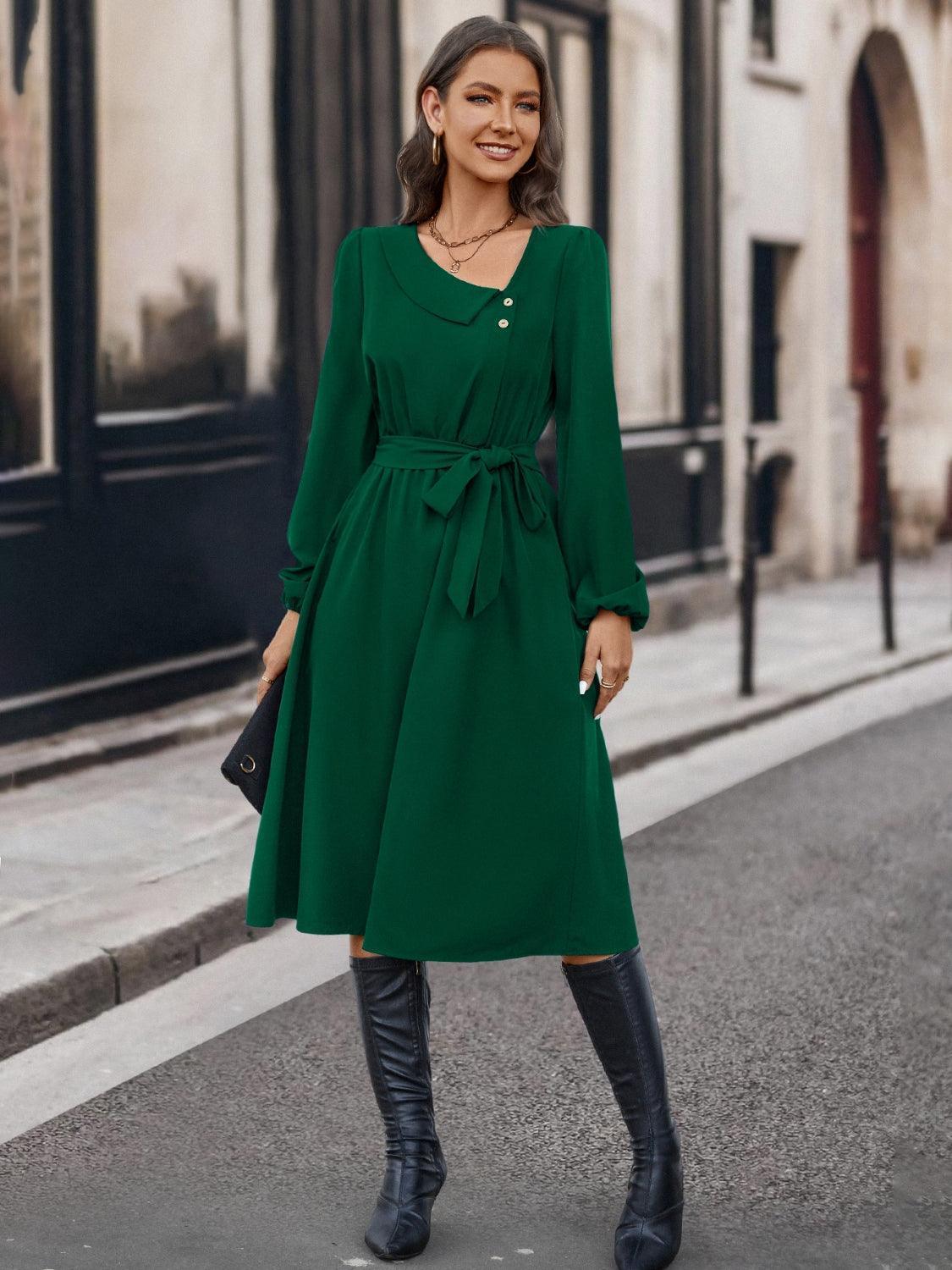 Buttoned Tie Front Long Sleeve Asymmetrical Neck Dress - ClubOn