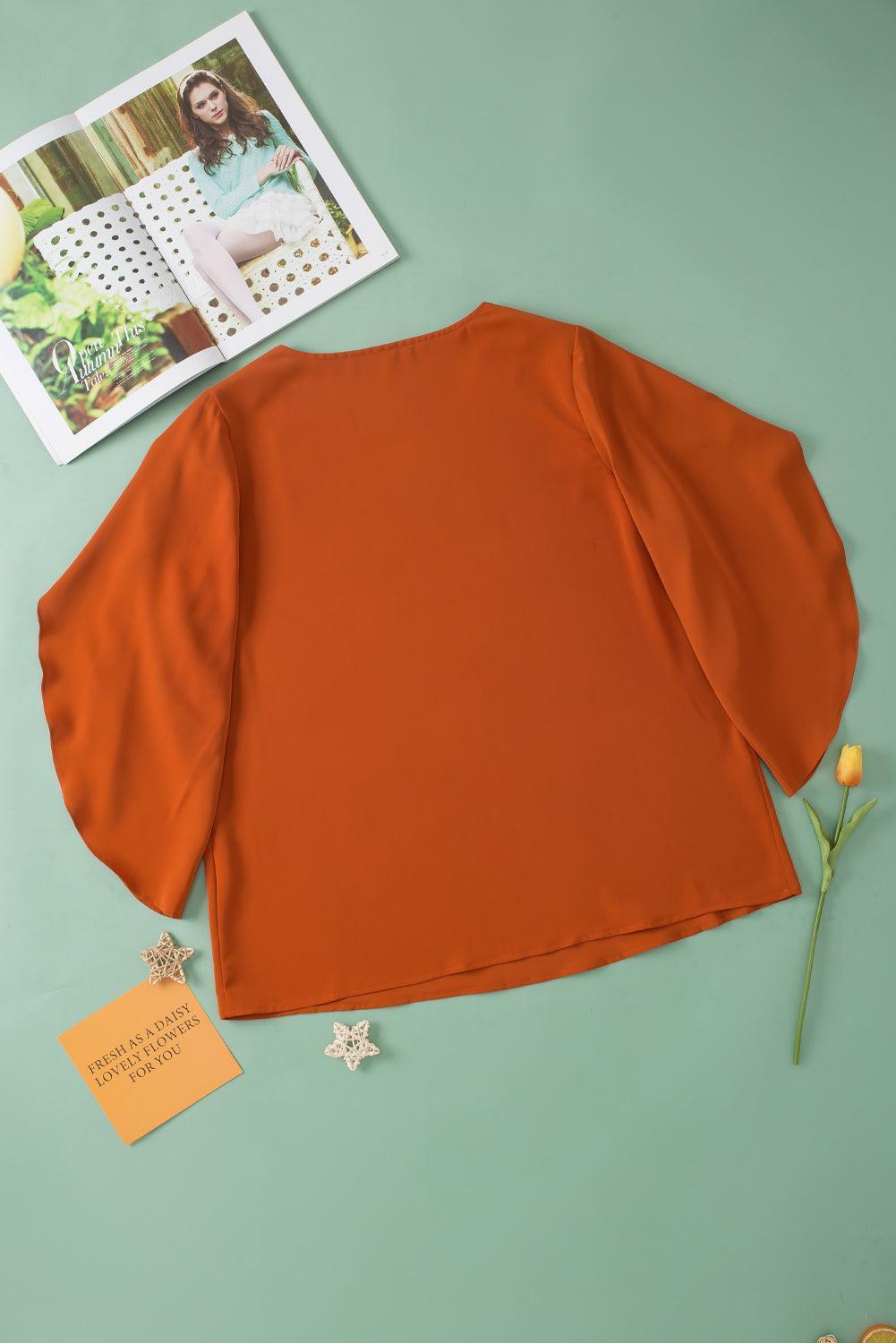 Plus Size V-Neck Petal Sleeve Blouse - ClubOn