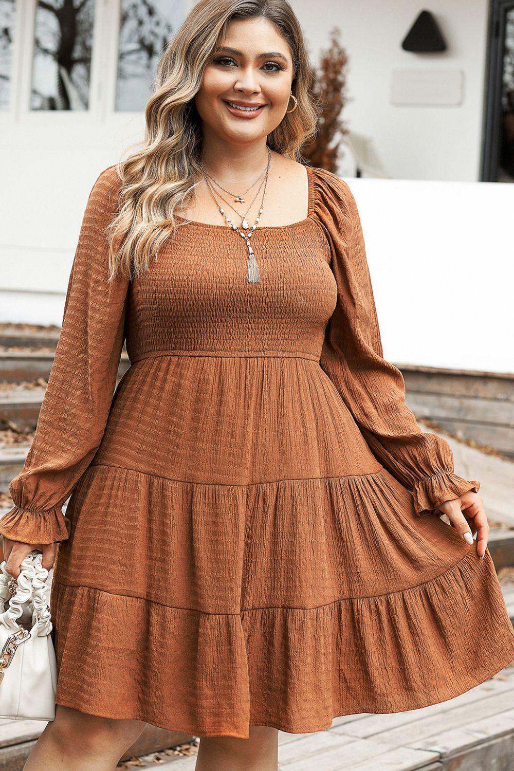 Plus Size Smocked Square Neck Tiered Dress - ClubOn