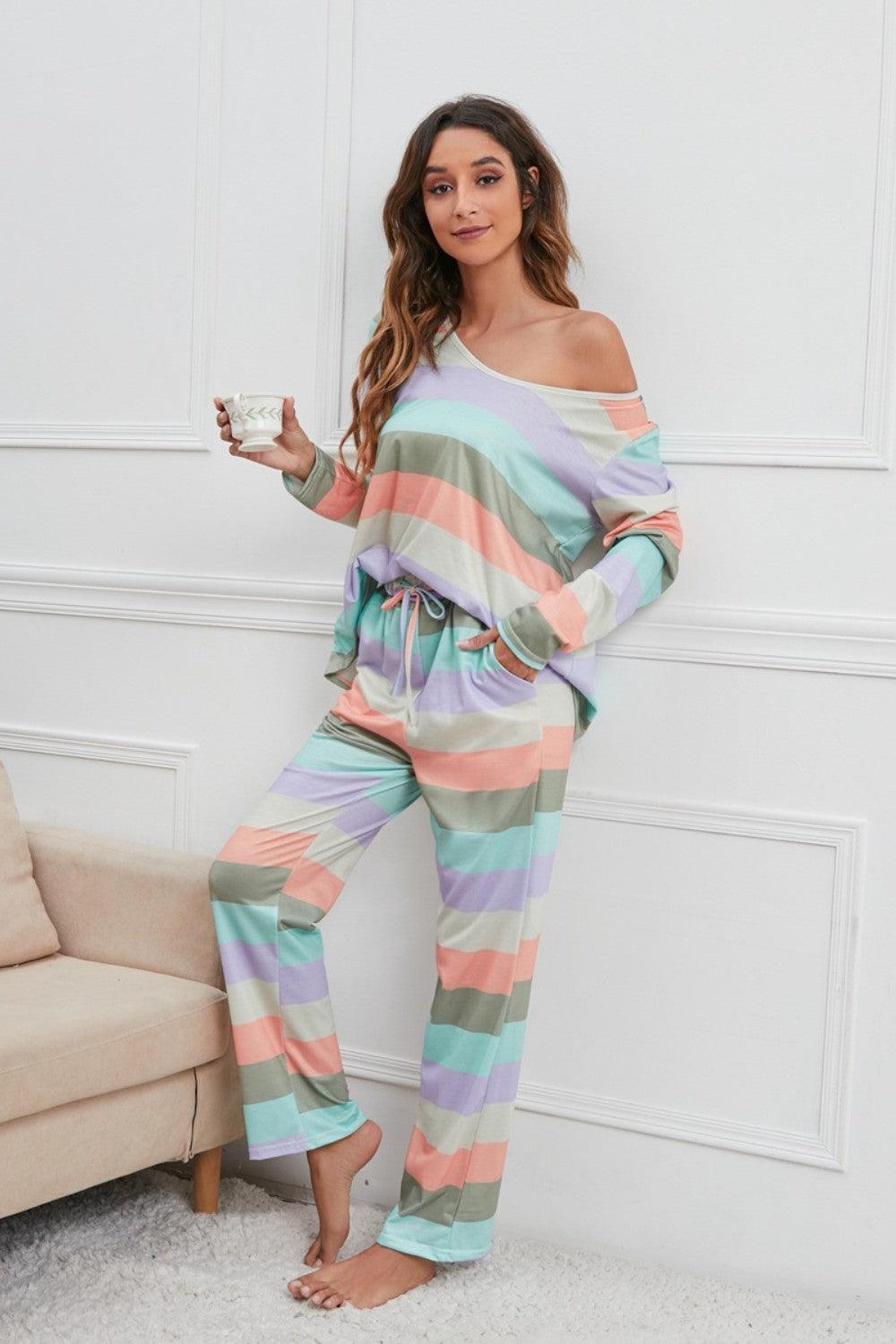 Striped Round Neck Long Sleeve Top and Drawstring Pants Lounge Set - ClubOn