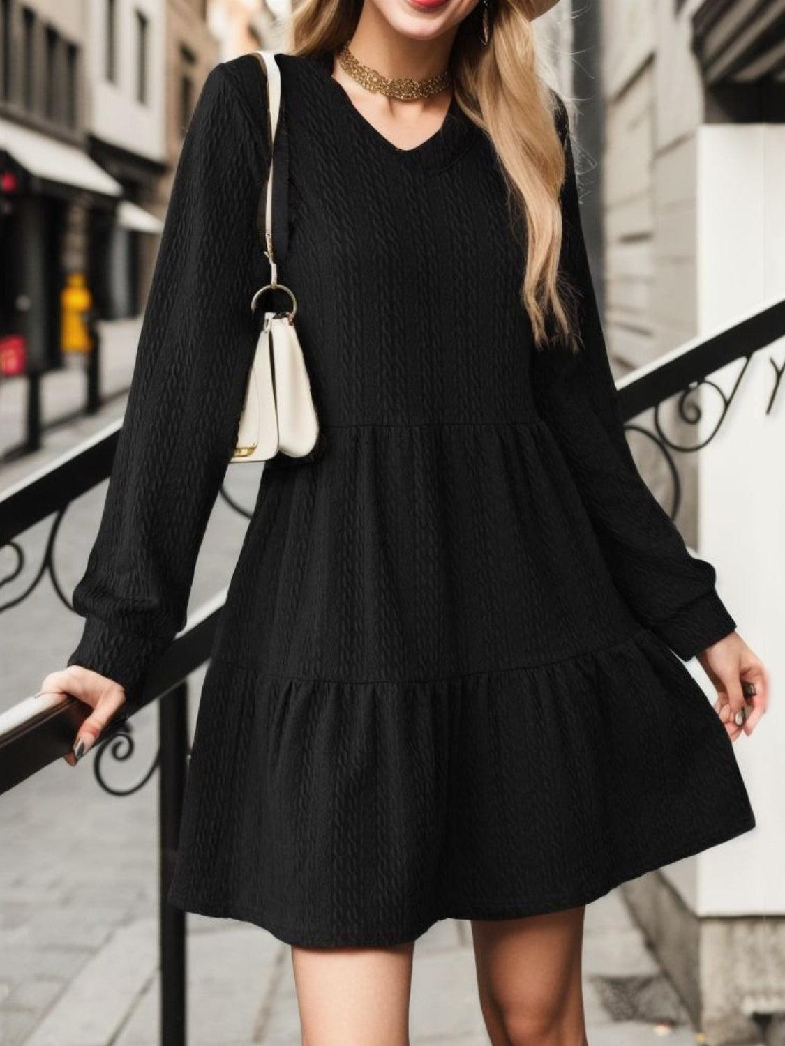 V-Neck Long Sleeve Mini Dress - ClubOn