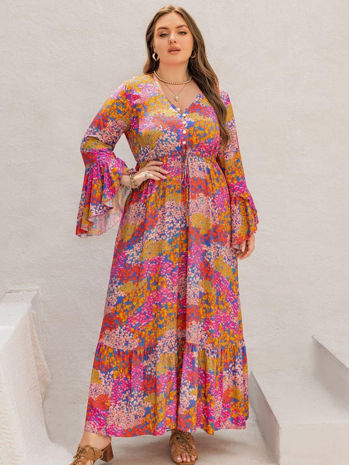 Plus Size Printed V-Neck Long Sleeve Maxi Dress - ClubOn
